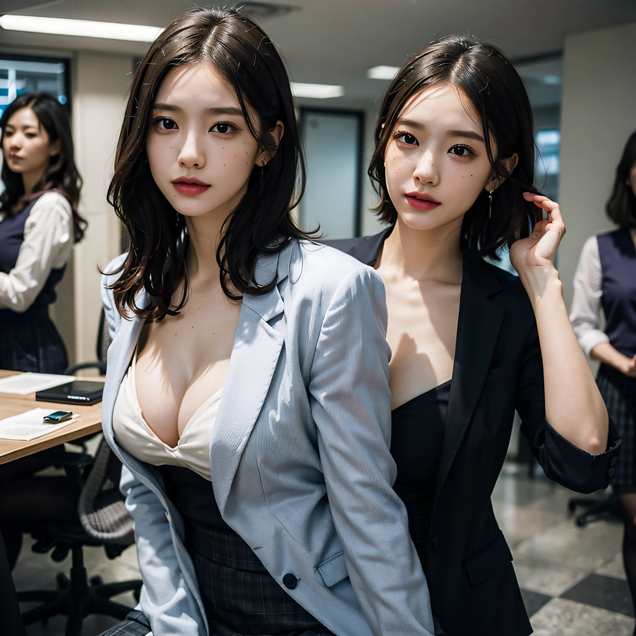 absurdres, RAW photo, extremely delicate and beautiful, masterpiece, Best Quality, ultra high resolution, 16k, hyperrealistic, ultra-detailed, Very detailed CG 8k wallpaper, Beautiful Lighting, Perfect Lightning, Realistic Shadows, perfect anatomy, super Detailed skin, perfect figure, Japanese woman, in her 10s, very Slim body, narrow waist, very small head, handsome detailed woman, very detailed eyes and face, realistic face proportions, Stunning detailed eyes, Realistic beautiful face, very small face, Realistic small beautiful eyes, double eyelids, makeup, tearful mole, mole on chest, earring, bare legs, beautiful and very thin legs, beautiful and very thin thighs, (very huge round breasts:1.3), (full body shot), short hair, wavy hair, sweat, (3 girls:1.3), office lady suit, skirt suit, blazer jacket, blouse,