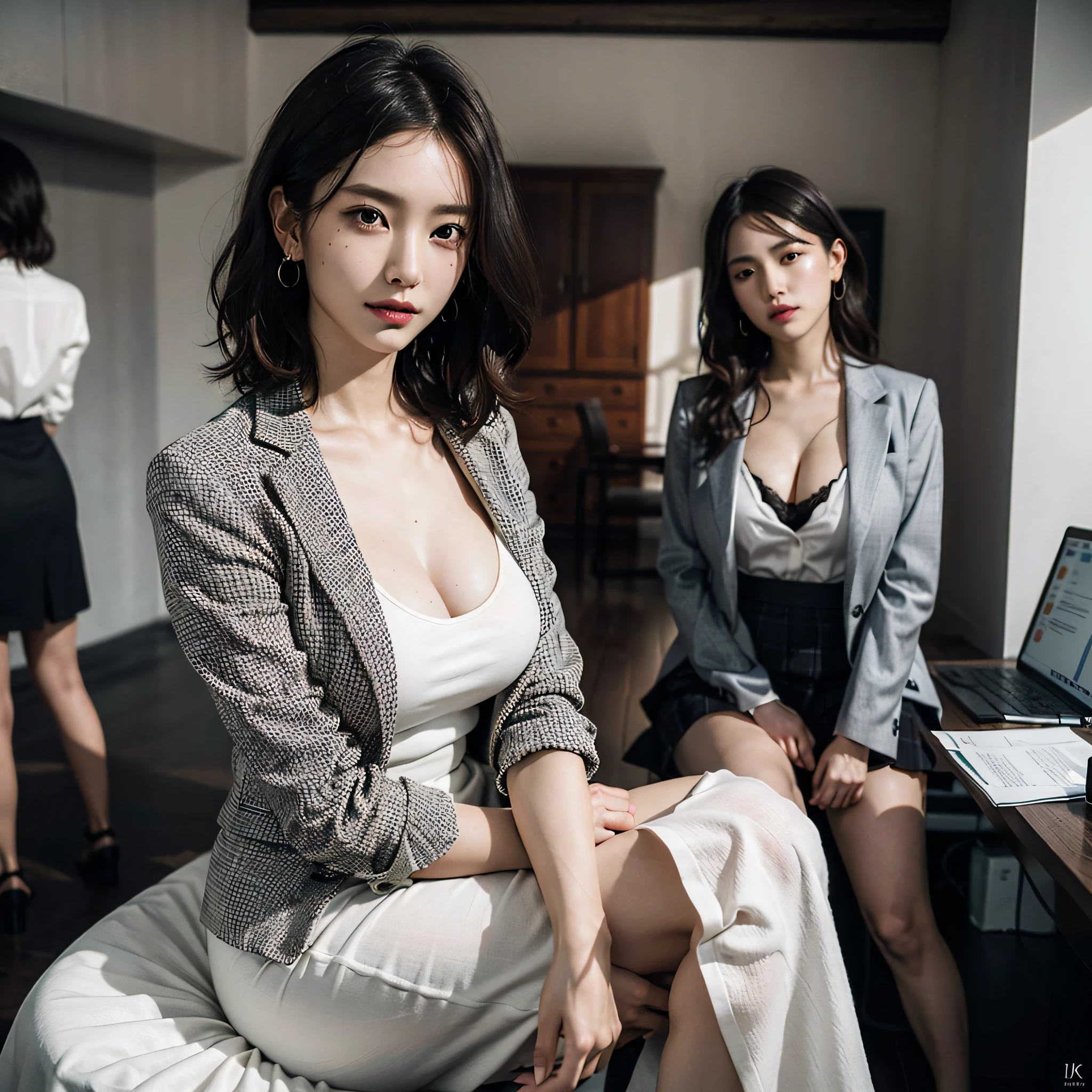 absurdres, RAW photo, extremely delicate and beautiful, masterpiece, Best Quality, ultra high resolution, 16k, hyperrealistic, ultra-detailed, Very detailed CG 8k wallpaper, Beautiful Lighting, Perfect Lightning, Realistic Shadows, perfect anatomy, super Detailed skin, perfect figure, Japanese woman, in her 10s, very Slim body, narrow waist, very small head, handsome detailed woman, very detailed eyes and face, realistic face proportions, Stunning detailed eyes, Realistic beautiful face, very small face, Realistic small beautiful eyes, double eyelids, makeup, tearful mole, mole on chest, earring, bare legs, beautiful and very thin legs, beautiful and very thin thighs, (very huge round breasts:1.3), (full body shot), short hair, wavy hair, sweat, (3 girls:1.3), office lady suit, skirt suit, blazer jacket, blouse,