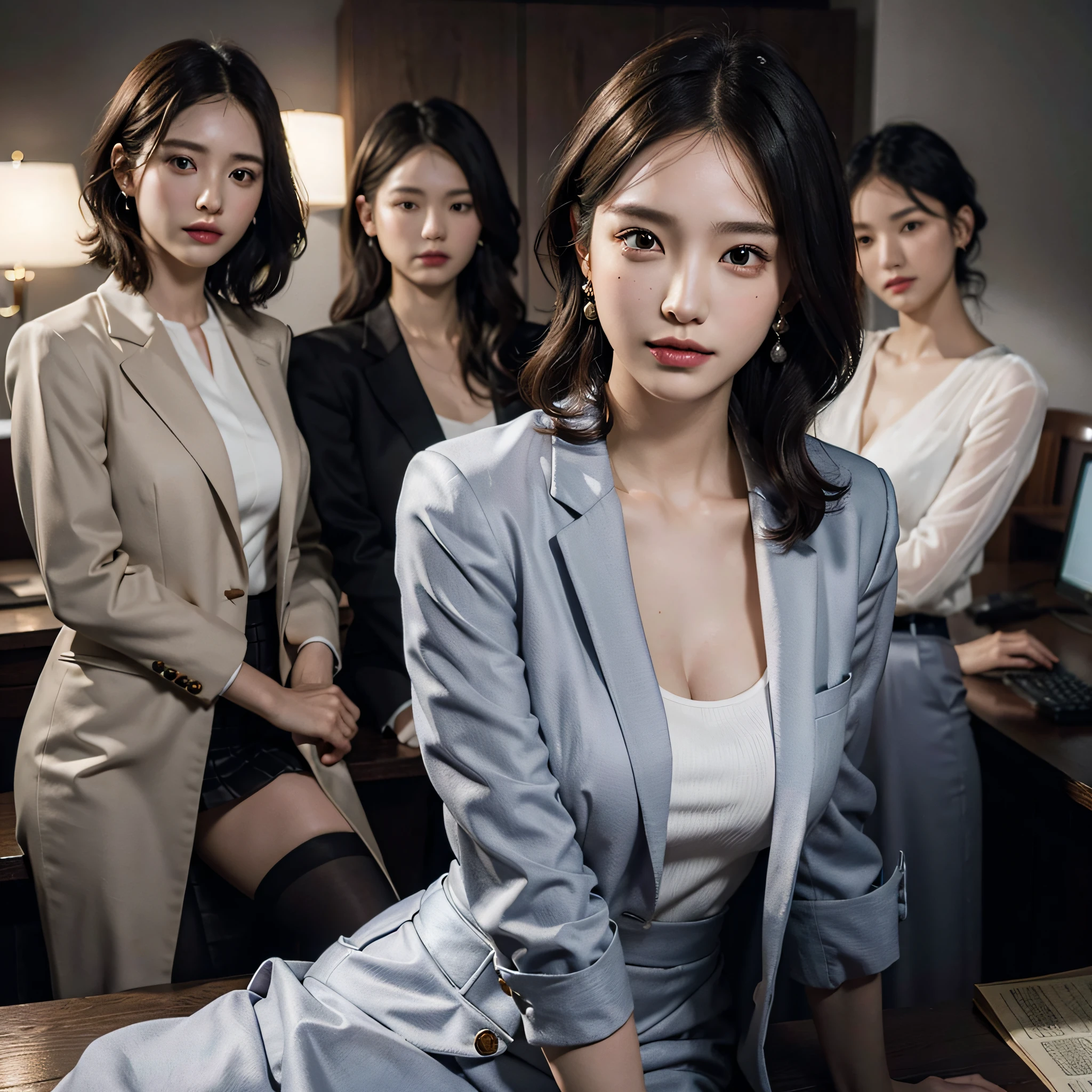absurderes, Raw photo, Extremely delicate and beautiful, masutepiece, Best Quality, Ultra High Resolution, 16 K, hyper realisitic, Ultra-detailed, Very detailed CG 8k wallpaper, Beautiful lighting, Perfect Lightning, Realistic Shadows, Perfect Anatomy, super detailed skin, Perfect figure, A Japanese Lady, 10 generations, Very slim body, Narrow waist, Very small head, Handsome detailed woman, Very detailed eyes and face, Realistic face proportions, Stunning detailed eyes, Realistic beautiful face, Very small face, Realistic tiny beautiful eyes, Double eyelids, makeup, tear moles, Mole on chest, Earring, Bare legs, beautiful and very thin legs, beautiful and very thin thighs, (very massive round chest:1.3), (Full body shot), Short hair, Wavy Hair, Sweat, (3 girls:1.3), Office Lady Suit, Skirt suit, Blazer jacket, Blouse,