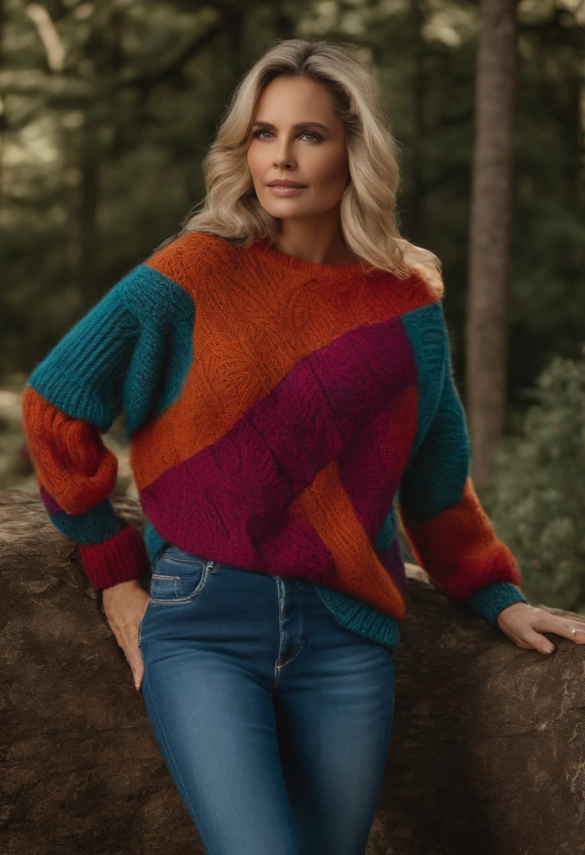 30, Una mujer, pullover, Flipper sweater by hand, senos visibles, Cara hermosa.