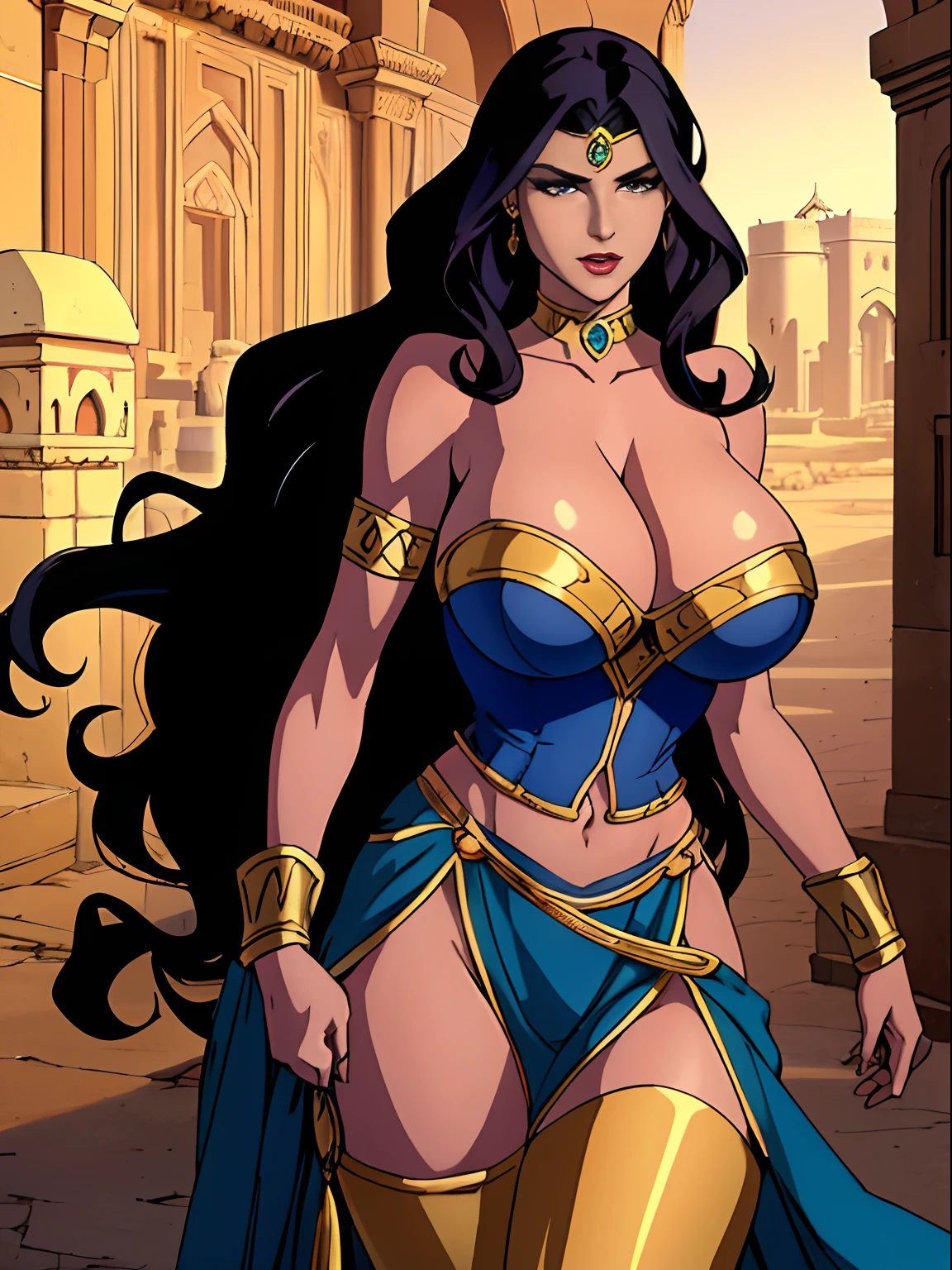 (masterpiece, top quality, best quality, official art, beautiful and aesthetic:1.2), (1girl:1.3), long wavy black hair, tanned skin, extremely detailed, portrait, looking at viewer, solo, (full body:0.6), detailed background, close up, mischievous eyes, (hot summer desert Arabia theme:1.1), Persian duelist woman, dark makeup, charlatan, smirk, mysterious, walking in desert, revealing blue and gold and sapphire Arabian harem girl attire, see through clothes, sheer fabric, poofy blue pants, tight tube top, jewelry, armlets, elaborate necklaces, blue fabric, gold jewelry, precious stones, scimitar, curved sword, ((((gigantic breasts, cleavage, skindentation)))), slim waist, slim hips, long legs, ancient (Arabian palace exterior:1.1) background, dark mysterious lighting, shadows, magical atmosphere, dutch angle,