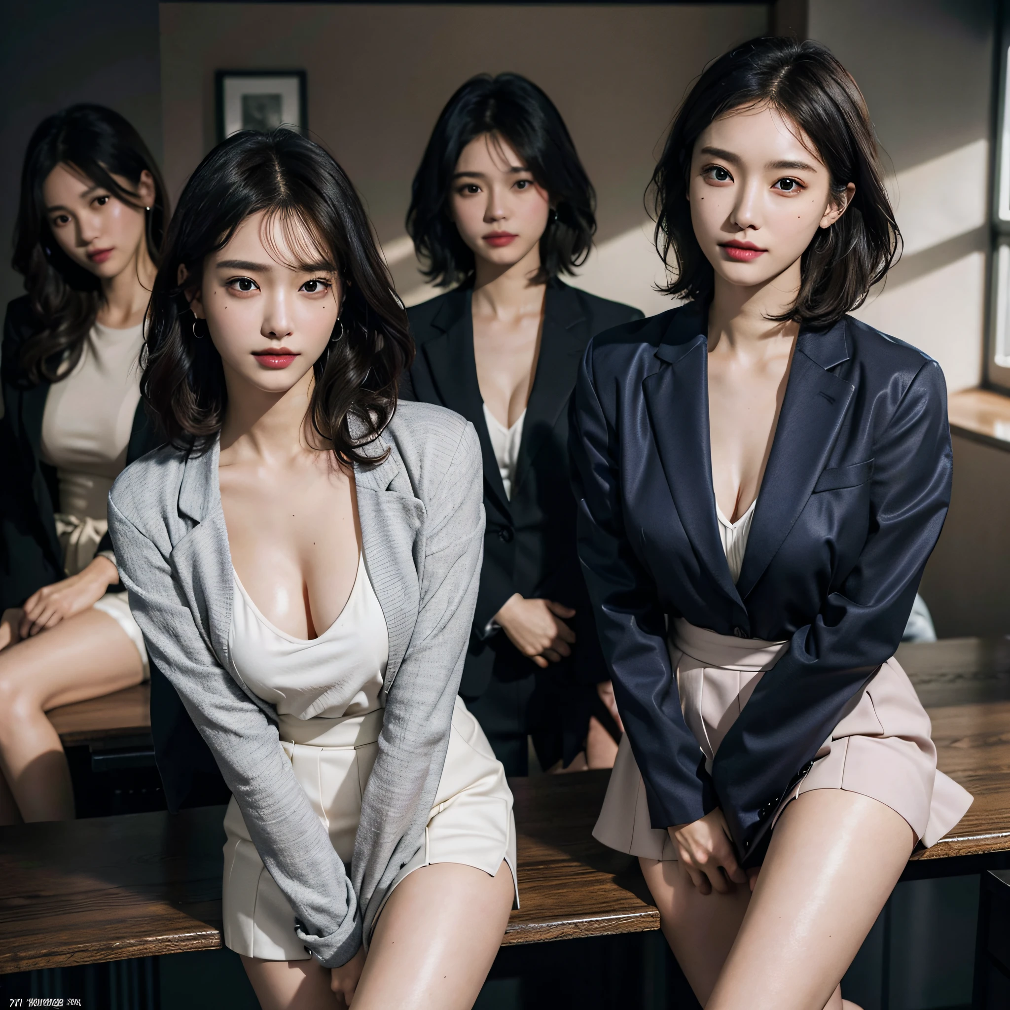 absurderes, Raw photo, Extremely delicate and beautiful, masutepiece, Best Quality, Ultra High Resolution, 16 K, hyper realisitic, Ultra-detailed, Very detailed CG 8k wallpaper, Beautiful lighting, Perfect Lightning, Realistic Shadows, Perfect Anatomy, super detailed skin, Perfect figure, A Japanese Lady, 10 generations, Very slim body, Narrow waist, Very small head, Handsome detailed woman, Very detailed eyes and face, Realistic face proportions, Stunning detailed eyes, Realistic beautiful face, Very small face, Realistic tiny beautiful eyes, Double eyelids, makeup, tear moles, Mole on chest, Earring, Bare legs, beautiful and very thin legs, beautiful and very thin thighs, (very massive round chest:1.3), (Full body shot), Short hair, Wavy Hair, Sweat, (3 girls:1.3), Office Lady Suit, Skirt suit, Blazer jacket, Blouse,
