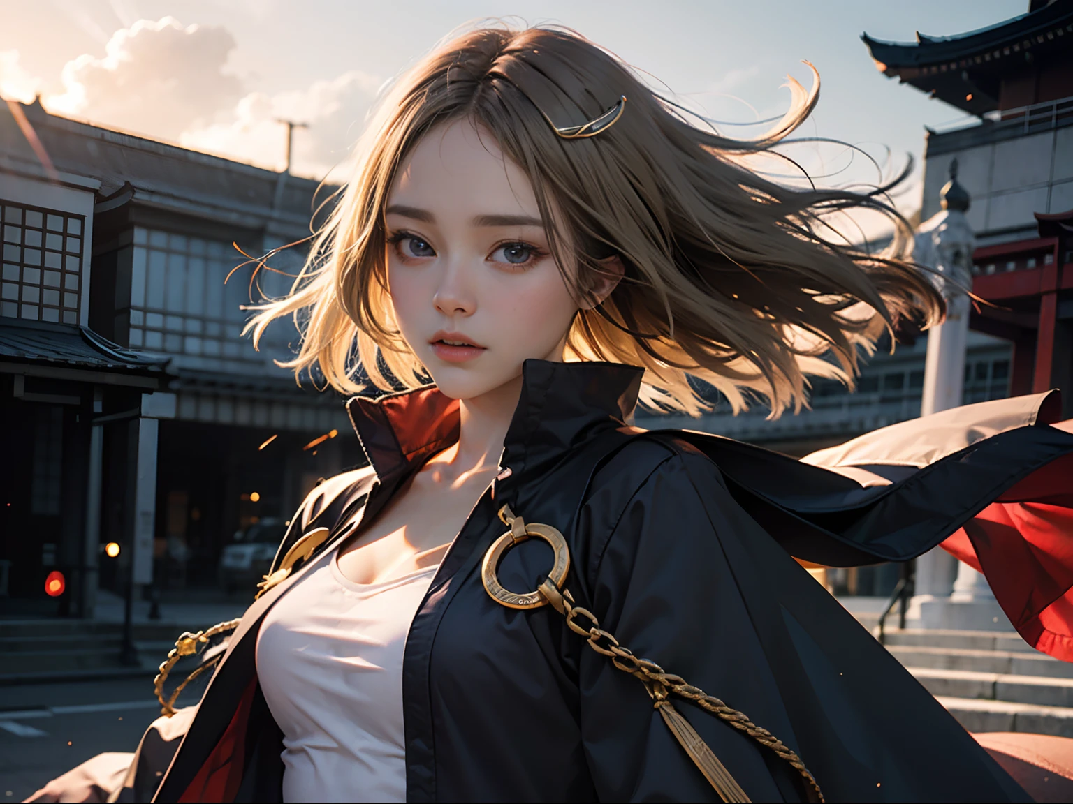 (masutepiece: 1.2, Best Quality), Realistic, (real picture, intricate-detail, depth of fields), Best Quality, masutepiece, high detailing, Semi-realistic, 1 girl, adult woman, 21 years old, short blonde hair, Blue eyes, Japan shrine clothes, Purple Cape, slim figure, masutepiece, Best Quality, Movie stills, Floating in the sky, close-up, Bright, Happy, Warm and soft light, Sunset, (Spark: 0.7), (Saturn in the sky), Long curly wind blonde hair, Milky way, Backlight, edge light, beautiful artwork, Perfect composition