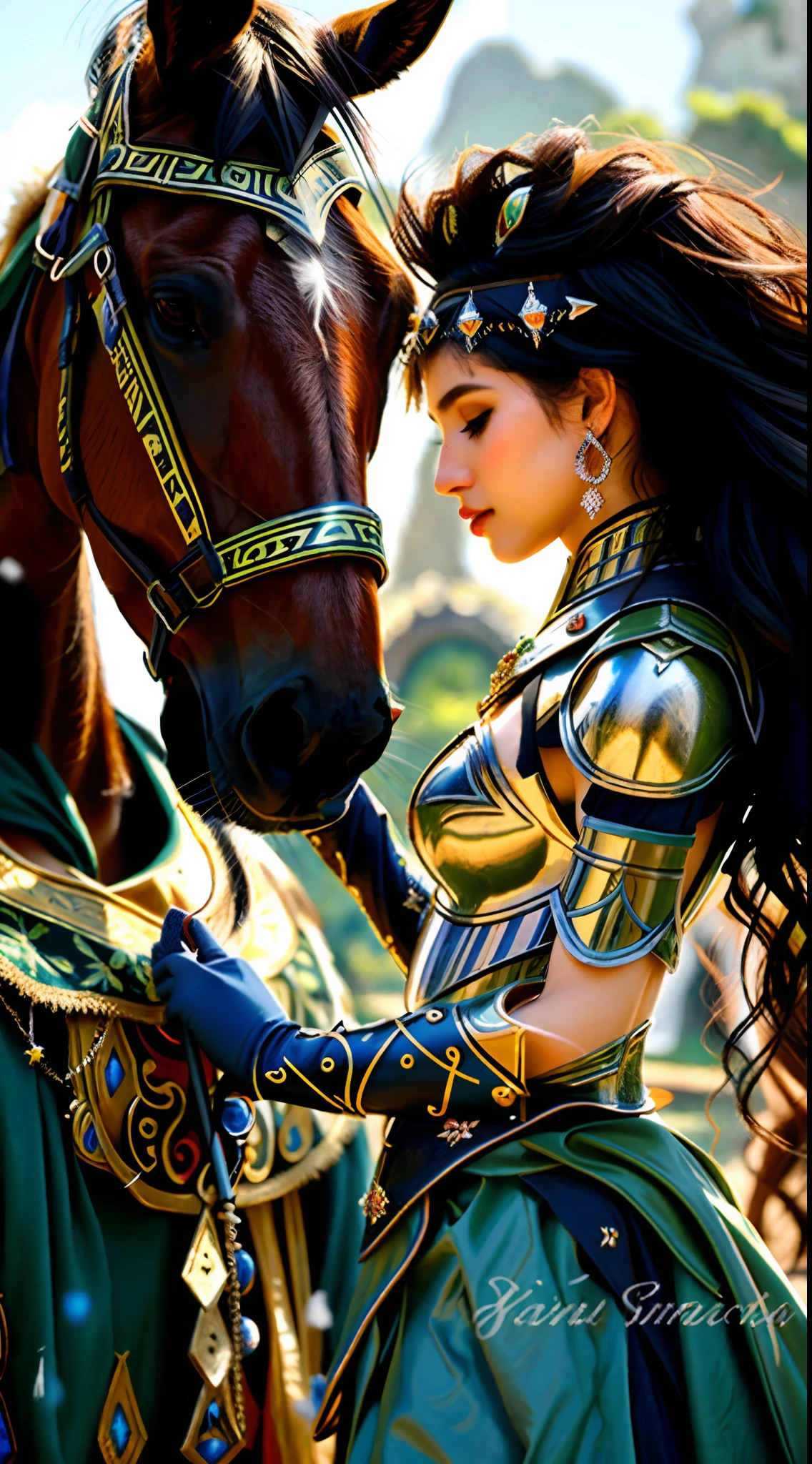 um close up de uma mulher de armadura ao lado de um cavalo, Cavalo Guerreiro, ((uma bela imperatriz fantasia)), beautiful depiction, Warrior Woman, Rainha guerreira, arte bonita, pele escura deusa feminina do amor, Princesa negra africana, de uma bela cavaleiro feminina, armadura bonita, princesa guerreira, bela arte digital, beautiful artwork, arte linda