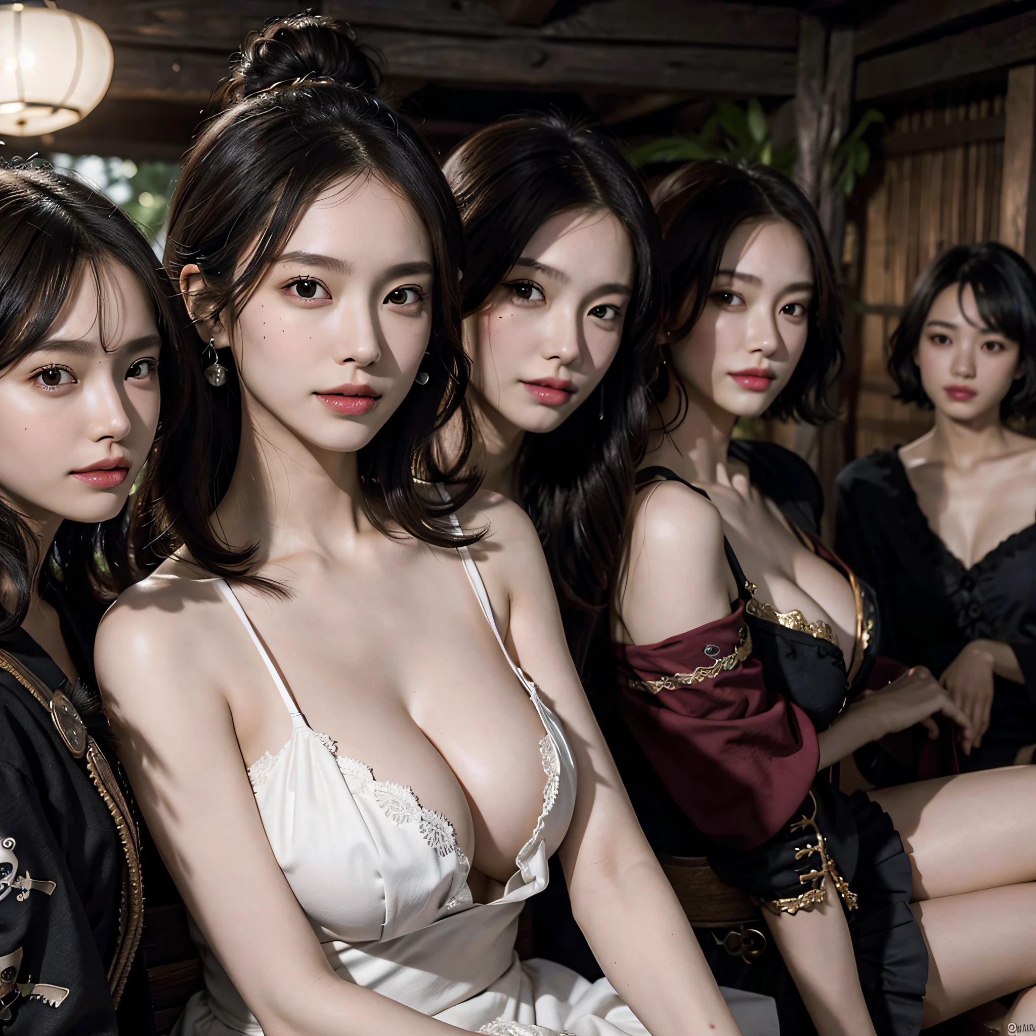absurdres, RAW photo, extremely delicate and beautiful, masterpiece, Best Quality, ultra high resolution, 16k, hyperrealistic, ultra-detailed, Very detailed CG 8k wallpaper, Beautiful Lighting, Perfect Lightning, Realistic Shadows, perfect anatomy, super Detailed skin, perfect figure, Japanese woman, in her 10s, very Slim body, narrow waist, very small head, handsome detailed woman, very detailed eyes and face, realistic face proportions, Stunning detailed eyes, Realistic beautiful face, very small face, Realistic small beautiful eyes, double eyelids, makeup, tearful mole, mole on chest, earring, bare legs, beautiful and very thin legs, beautiful and very thin thighs, (very huge round breasts:1.3), (full body shot:1.3), short hair, wavy hair, sweat, (3 girls:1.5), (pirate clothes:1.3),