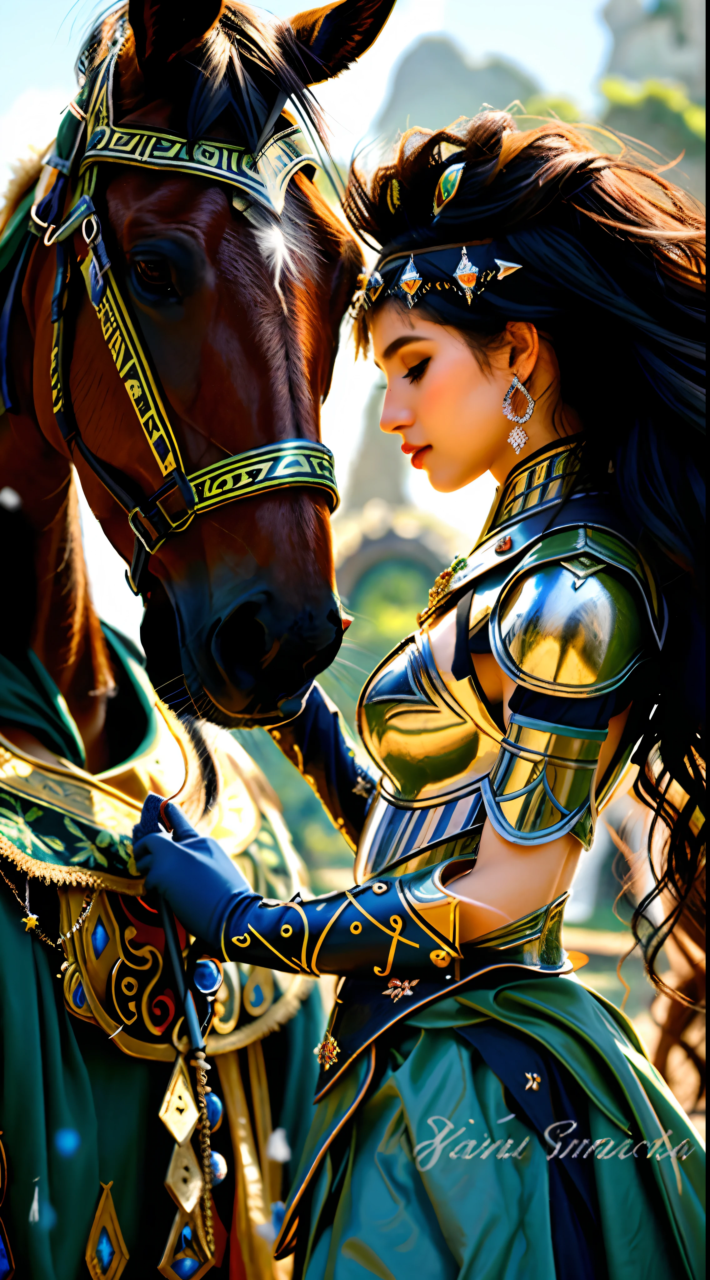 um close up de uma mulher de armadura ao lado de um cavalo, Cavalo Guerreiro, ((uma bela imperatriz fantasia)), beautiful depiction, Warrior Woman, Rainha guerreira, arte bonita, pele escura deusa feminina do amor, Princesa negra africana, de uma bela cavaleiro feminina, armadura bonita, princesa guerreira, bela arte digital, beautiful artwork, arte linda