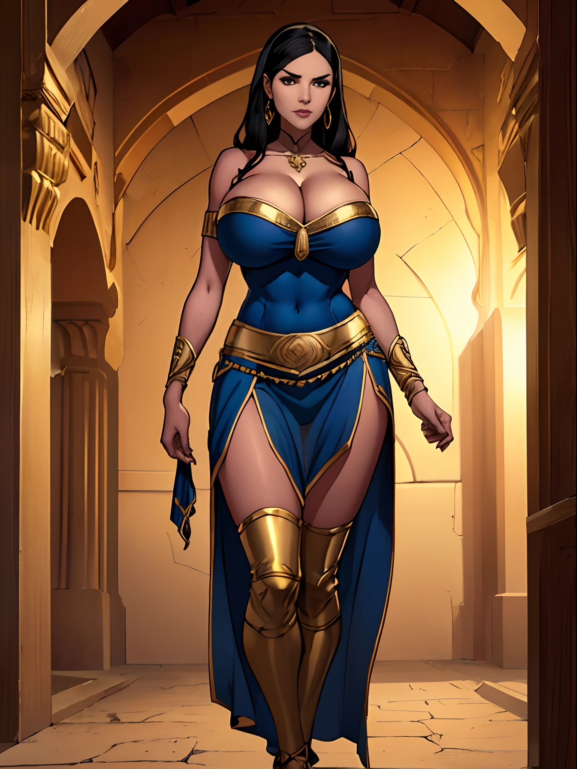 (masterpiece, top quality, best quality, official art, beautiful and aesthetic:1.2), (1girl:1.3), long wavy black hair, tanned skin, extremely detailed, portrait, looking at viewer, solo, (full body:0.6), detailed background, close up, mischievous eyes, (hot summer desert Arabia theme:1.1), Persian duelist woman, dark makeup, charlatan, smirk, mysterious, walking in desert, revealing blue and gold and sapphire Arabian harem girl attire, see through clothes, sheer fabric, poofy blue pants, strapless top, tight tube top, jewelry, armlets, elaborate necklaces, blue fabric, gold jewelry, precious stones, scimitar, curved sword, ((((gigantic breasts, cleavage, skindentation)))), slim waist, slim hips, long legs, ancient (Arabian palace exterior:1.1) background, dark mysterious lighting, shadows, magical atmosphere, dutch angle,
