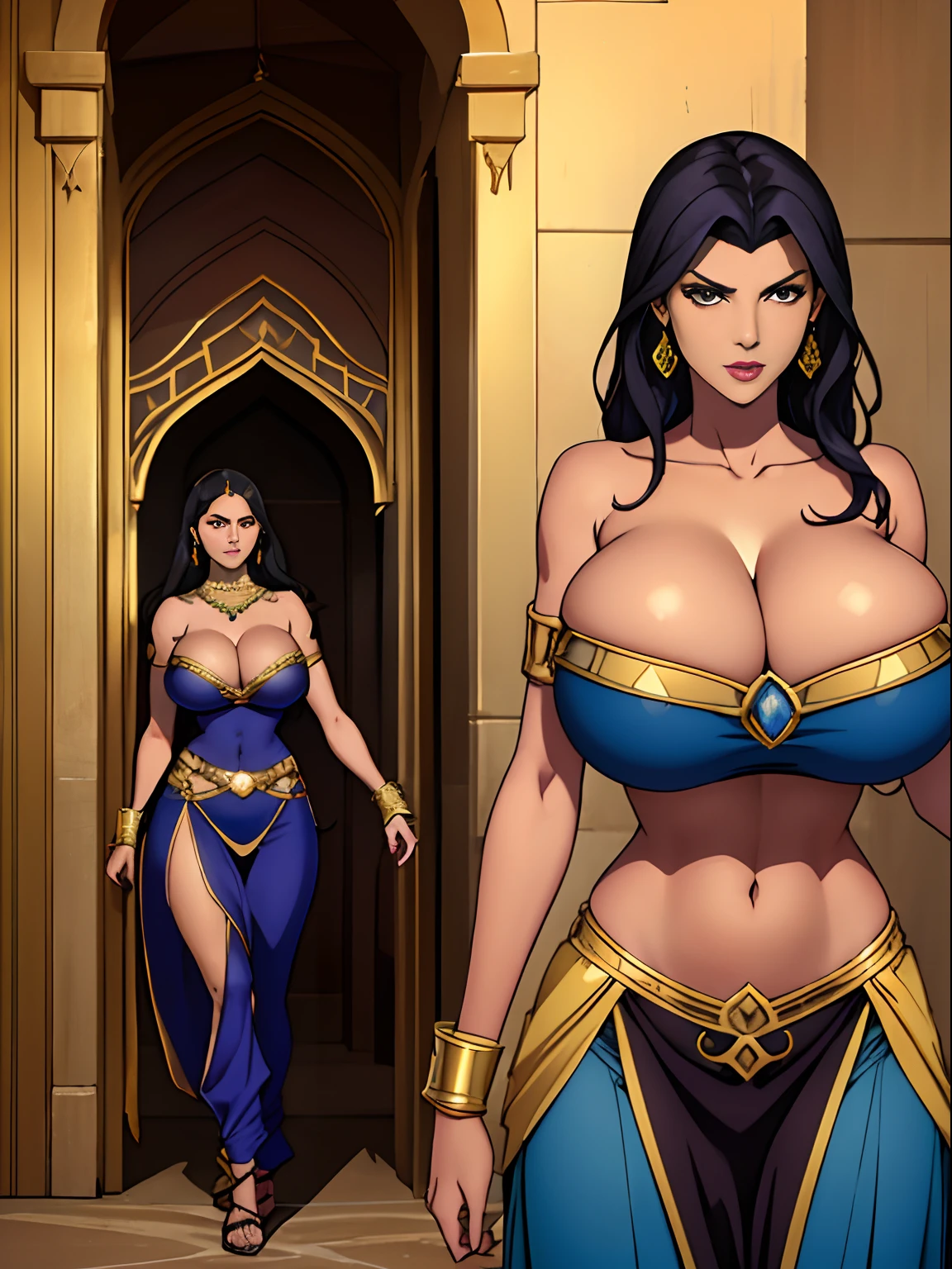 (masterpiece, top quality, best quality, official art, beautiful and aesthetic:1.2), (1girl:1.3), long wavy black hair, tanned skin, extremely detailed, portrait, looking at viewer, solo, (full body:0.6), detailed background, close up, mischievous eyes, (hot summer desert Arabia theme:1.1), Persian duelist woman, dark makeup, charlatan, smirk, mysterious, walking in desert, revealing blue and gold and sapphire Arabian harem girl attire, see through clothes, sheer fabric, poofy blue pants, strapless top, tight tube top, jewelry, armlets, elaborate necklaces, blue fabric, gold jewelry, precious stones, scimitar, curved sword, ((((gigantic breasts, cleavage, skindentation)))), slim waist, slim hips, long legs, ancient (Arabian palace exterior:1.1) background, dark mysterious lighting, shadows, magical atmosphere, dutch angle,