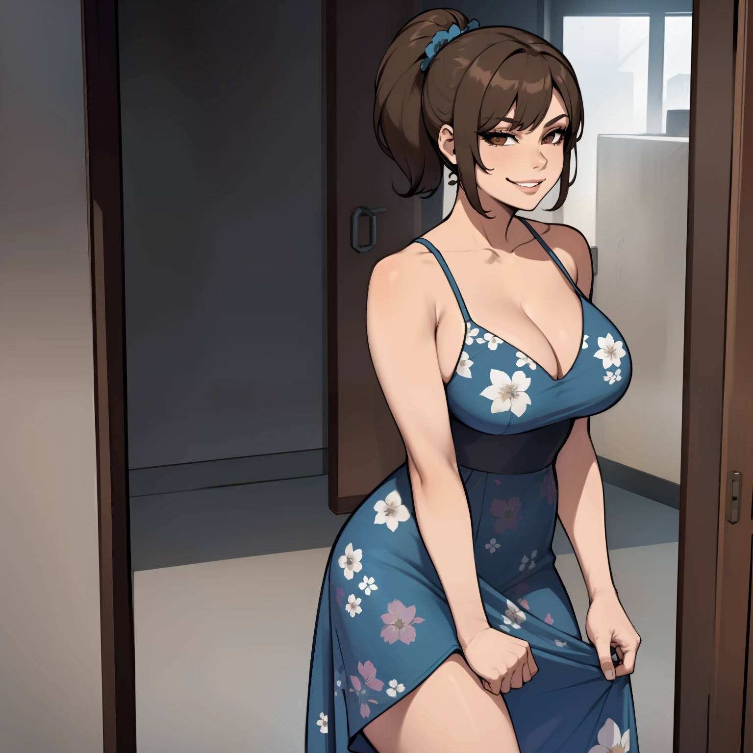 one female with short ponytail brown haircut, long form fitting blue floral dress, alone, solo, (ALONE)(SOLO), showing , facing forward, looking at me, looking forward, smirk, showing full legs
