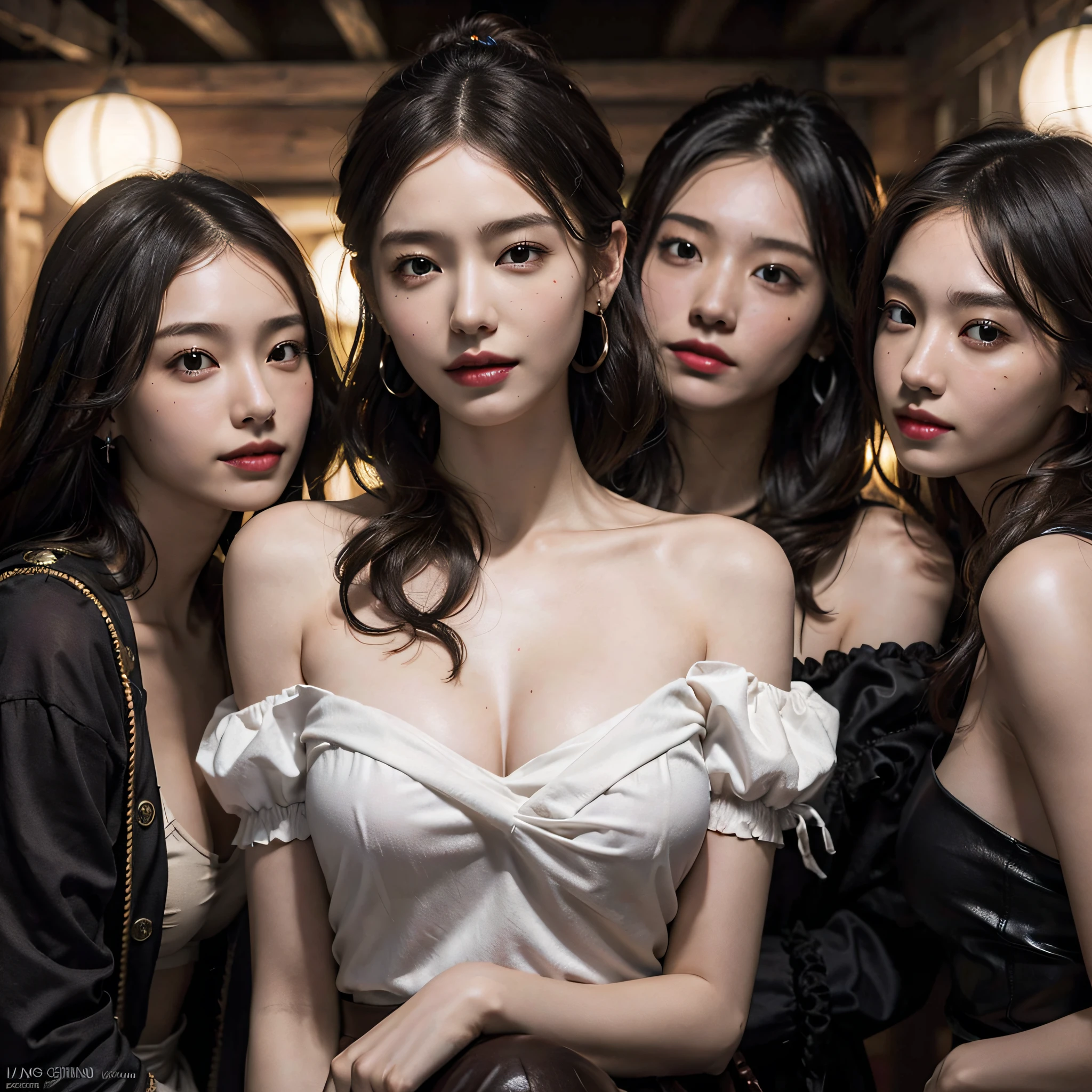 absurdres, RAW photo, extremely delicate and beautiful, masterpiece, Best Quality, ultra high resolution, 16k, hyperrealistic, ultra-detailed, Very detailed CG 8k wallpaper, Beautiful Lighting, Perfect Lightning, Realistic Shadows, perfect anatomy, super Detailed skin, perfect figure, Japanese woman, in her 10s, very Slim body, narrow waist, very small head, handsome detailed woman, very detailed eyes and face, realistic face proportions, Stunning detailed eyes, Realistic beautiful face, very small face, Realistic small beautiful eyes, double eyelids, makeup, tearful mole, mole on chest, earring, bare legs, beautiful and very thin legs, beautiful and very thin thighs, (very huge round breasts:1.3), (full body shot:1.3), short hair, wavy hair, sweat, (3 girls:1.5), (pirate clothes:1.3),