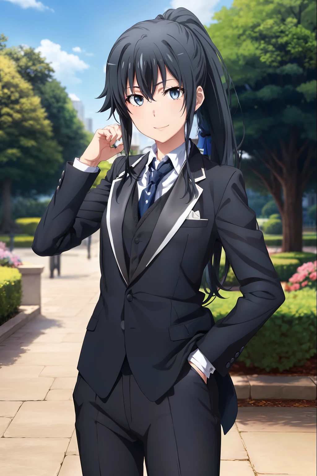 1girl, yukinoshita yukino, Beautiful garden for a background , tailored tailcoat, standing one hand in her pocket, white pants, collared shirt, tuxedo , blue necktie, blue eyes, ponytail black hair, smiling, wallpaper, female butler, best quality, badass butler