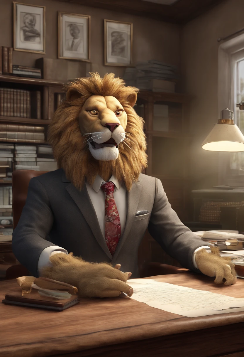 3D lion caricature wearing suit and glasses, placed in his office room, light lamb on the fence, some papers on the table