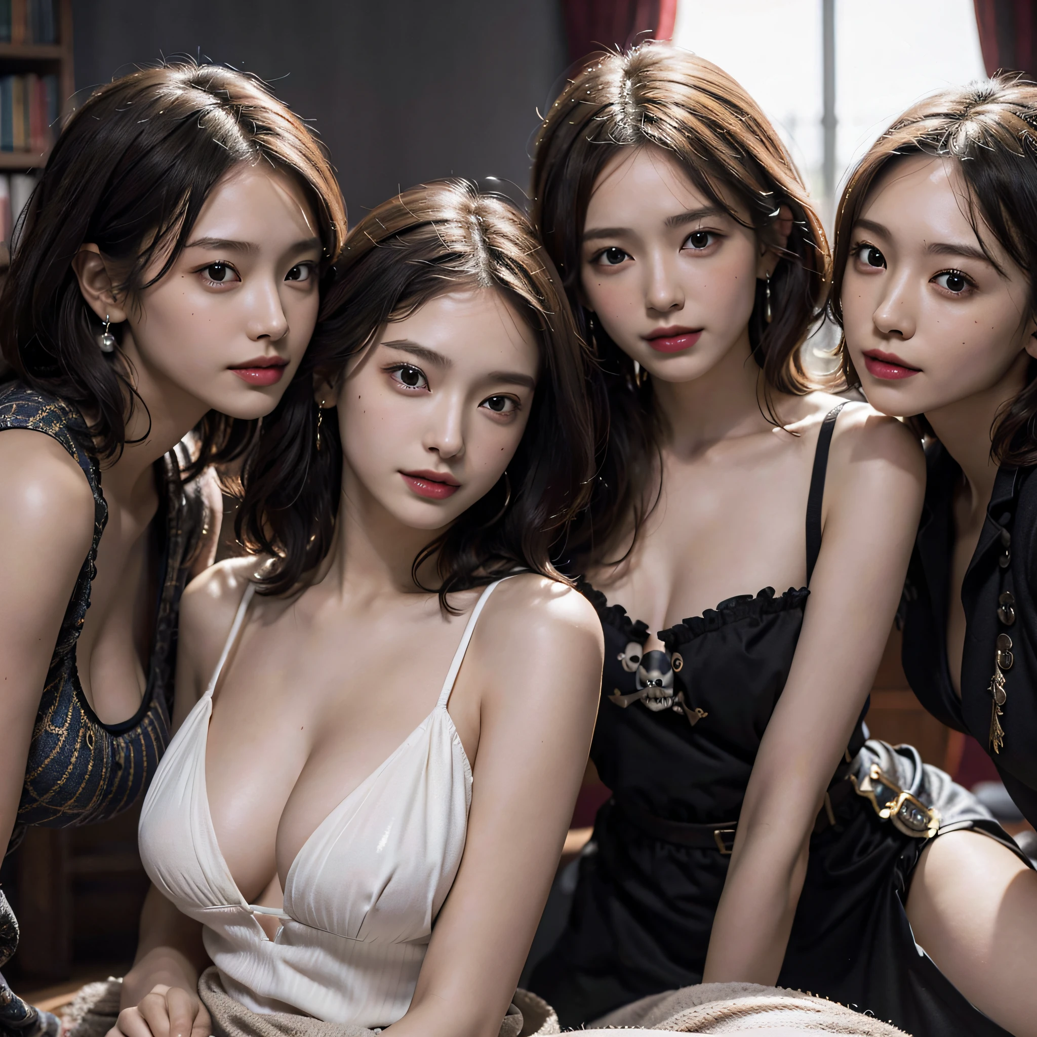 absurdres, RAW photo, extremely delicate and beautiful, masterpiece, Best Quality, ultra high resolution, 16k, hyperrealistic, ultra-detailed, Very detailed CG 8k wallpaper, Beautiful Lighting, Perfect Lightning, Realistic Shadows, perfect anatomy, super Detailed skin, perfect figure, Japanese woman, in her 10s, very Slim body, narrow waist, very small head, handsome detailed woman, very detailed eyes and face, realistic face proportions, Stunning detailed eyes, Realistic beautiful face, very small face, Realistic small beautiful eyes, double eyelids, makeup, tearful mole, mole on chest, earring, bare legs, beautiful and very thin legs, beautiful and very thin thighs, (very huge round breasts:1.3), (full body shot:1.3), short hair, wavy hair, sweat, (3 girls:1.5), (pirate clothes:1.3),