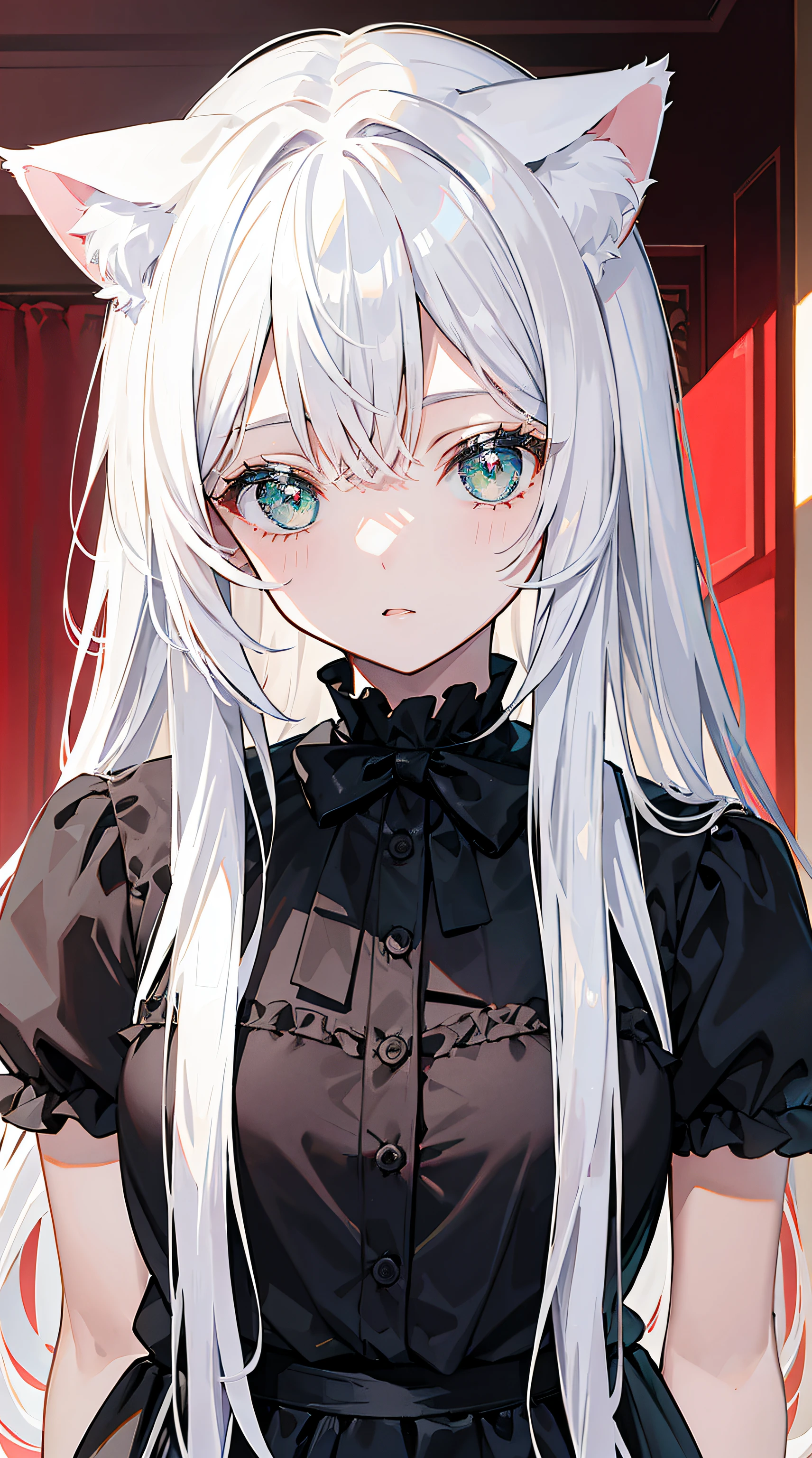 girl, cat ears, mirando al espectador, pechos grandes, pelo color blanco, pelo corto, pelo blanco, ojos verdes