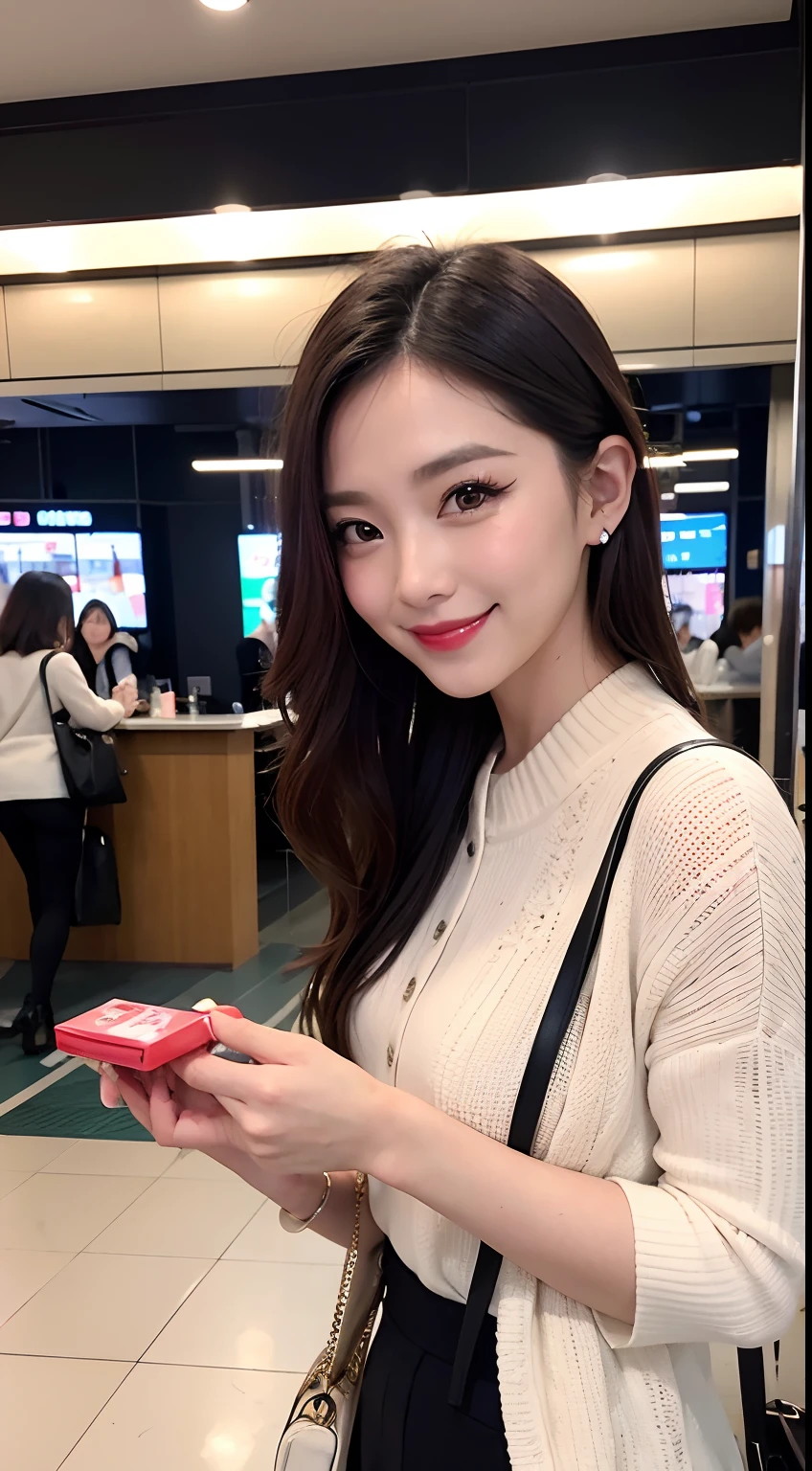 femele, Inside the station、A smile, neat and clean clothes、cute little, Fashionable, Cute makeup、lipsticks, eyeshadows, Eat ekiben、Shinkansen in the background、