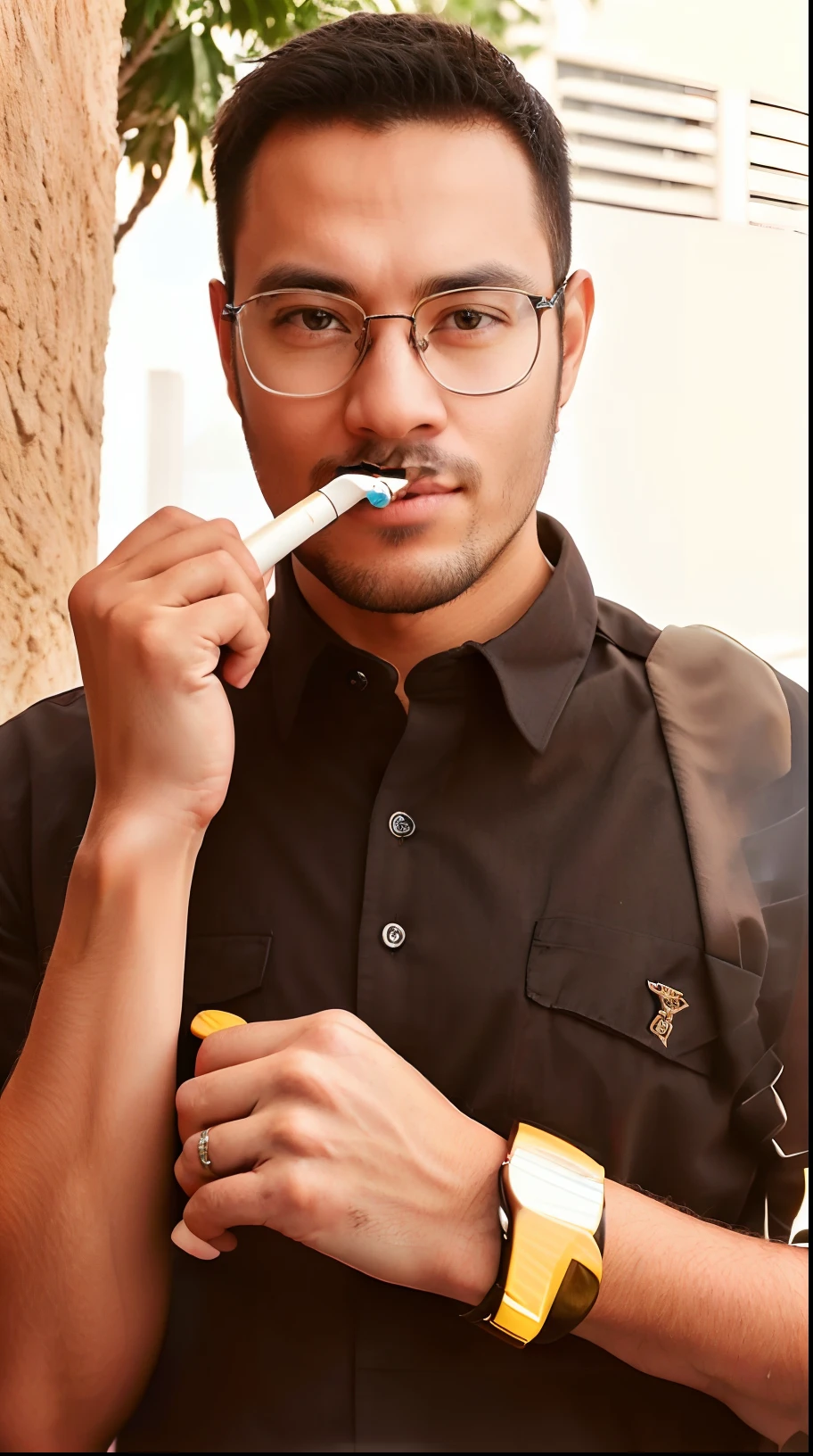 Um homem com oculos camisa preta e relogio dourado , remova o fundo da imagem adiciona um outro fundo na cidade de dubai e limpa a foto com a qualidade 4k