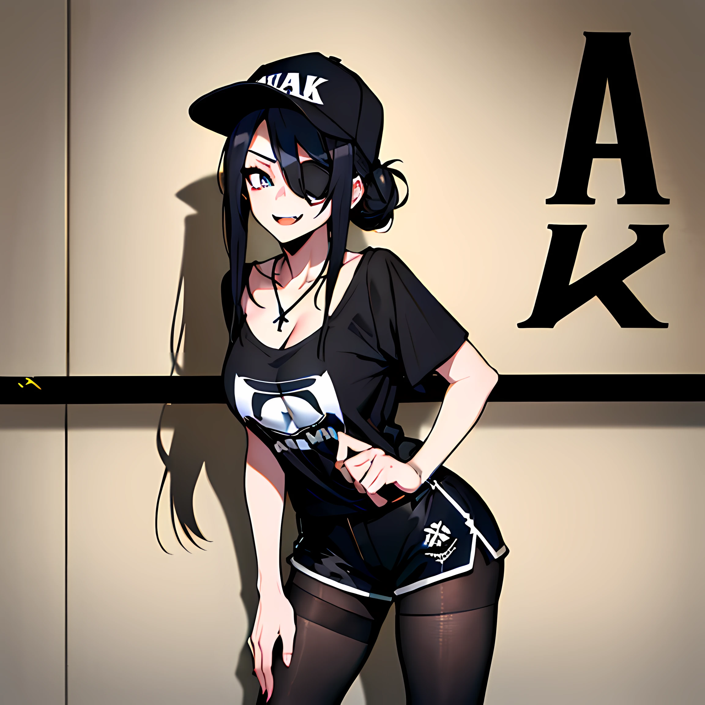 (absurdres, 8k, 4k, masterpiece, hyper extreme detailed:1.2), best quality, expressive eyes, highres, perfect eyes, 1girl, perfect face, perfect hands, Long Hair, Black hair, braided buns, buns in hair, large bust, crazy face, crazy eyes, crazy smile, eyepatch, gothic, cross necklace, black shirt, streetwear, pantyhose, baseball cap, curious, half body, street clothing, graphic t-shirt, standing, leaning against wall, gothic, pale skin, no background, absurdquality, shocked, concerned, confused, head tilt, cowboy_shot, shorts, cleavage, short shirt, fang tooth, black eyepatch, smile, black pantyhose,