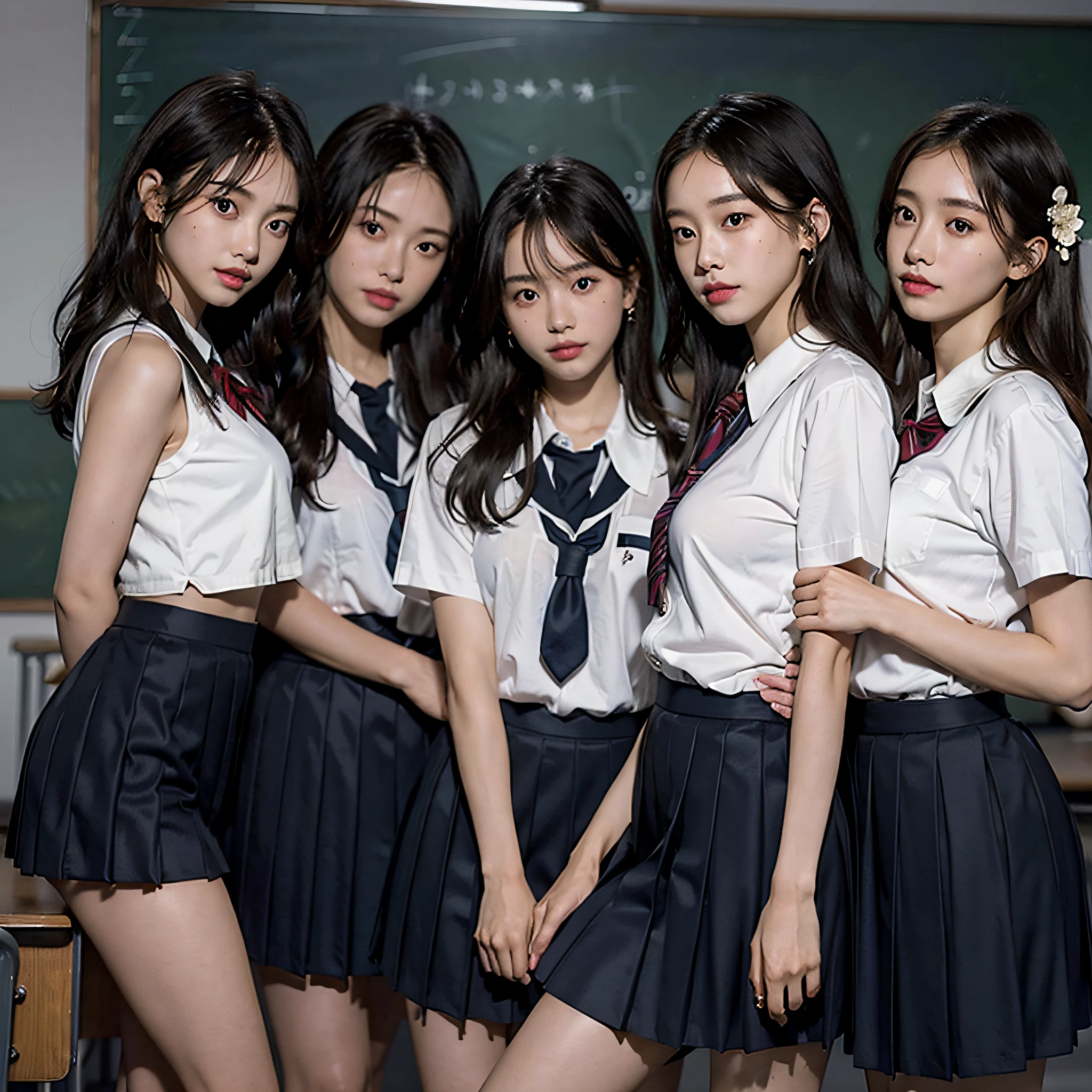 RAW photo, extremely delicate and beautiful, masterpiece, Best Quality, ultra high resolution, 16k, hyperrealistic, ultra-detailed, Very detailed CG 8k wallpaper, Beautiful Lighting, Perfect Lightning, Realistic Shadows, perfect anatomy, super Detailed skin, perfect figure, Japanese woman, in her 20s, very Slim body, narrow waist, very small head, handsome detailed woman, very detailed eyes and face, realistic face proportions, Stunning detailed eyes, Realistic beautiful face, very small face, Realistic small beautiful eyes, double eyelids, makeup, tearful mole, mole on chest, earring, bare legs, beautiful and very thin legs, beautiful and very thin thighs, (very huge round breasts:1.3), (full body shot:1.3), short hair, wavy hair, sweat, (3 girls:1.5), (school uniform:1.5),