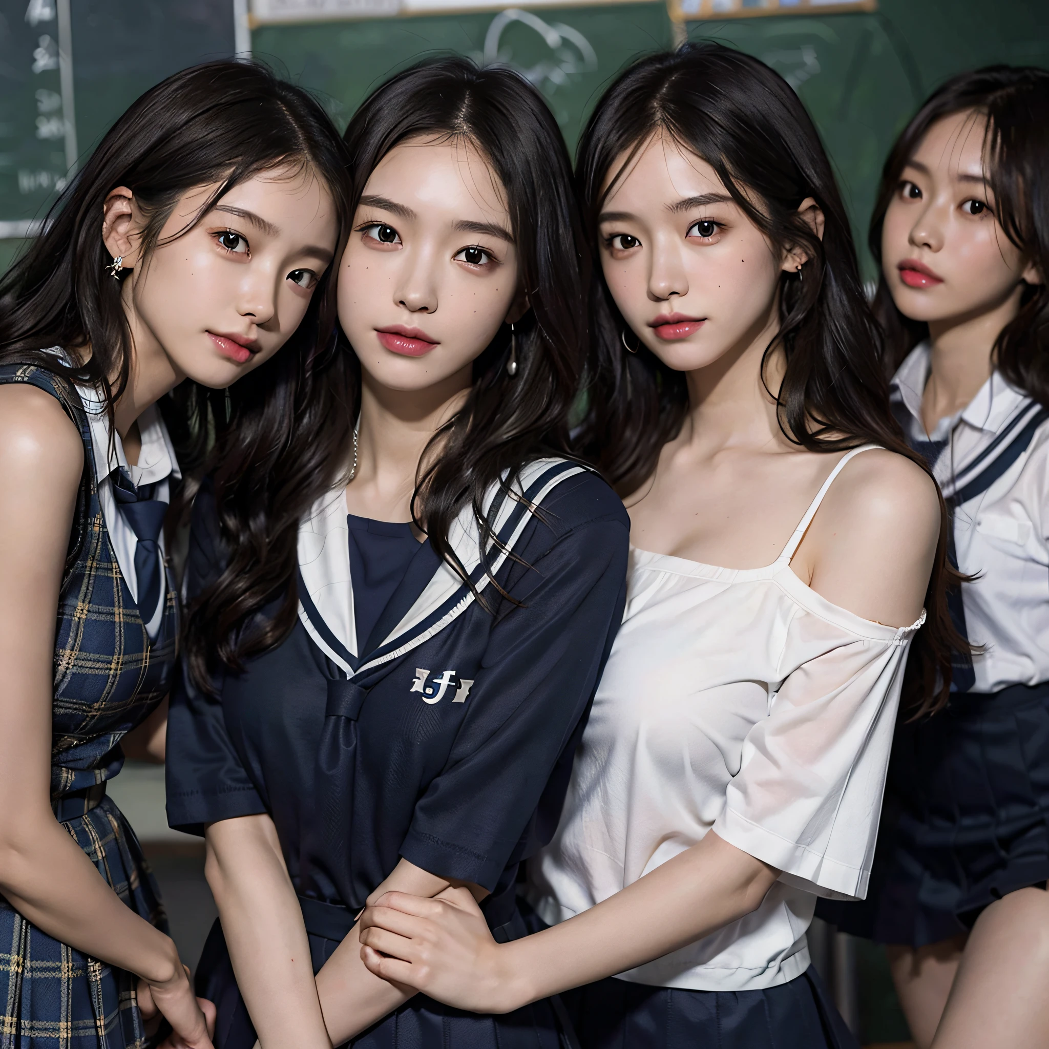 RAW photo, extremely delicate and beautiful, masterpiece, Best Quality, ultra high resolution, 16k, hyperrealistic, ultra-detailed, Very detailed CG 8k wallpaper, Beautiful Lighting, Perfect Lightning, Realistic Shadows, perfect anatomy, super Detailed skin, perfect figure, Japanese woman, in her 20s, very Slim body, narrow waist, very small head, handsome detailed woman, very detailed eyes and face, realistic face proportions, Stunning detailed eyes, Realistic beautiful face, very small face, Realistic small beautiful eyes, double eyelids, makeup, tearful mole, mole on chest, earring, bare legs, beautiful and very thin legs, beautiful and very thin thighs, (very huge round breasts:1.3), (full body shot:1.3), short hair, wavy hair, sweat, (3 girls:1.5), (school uniform:1.5),
