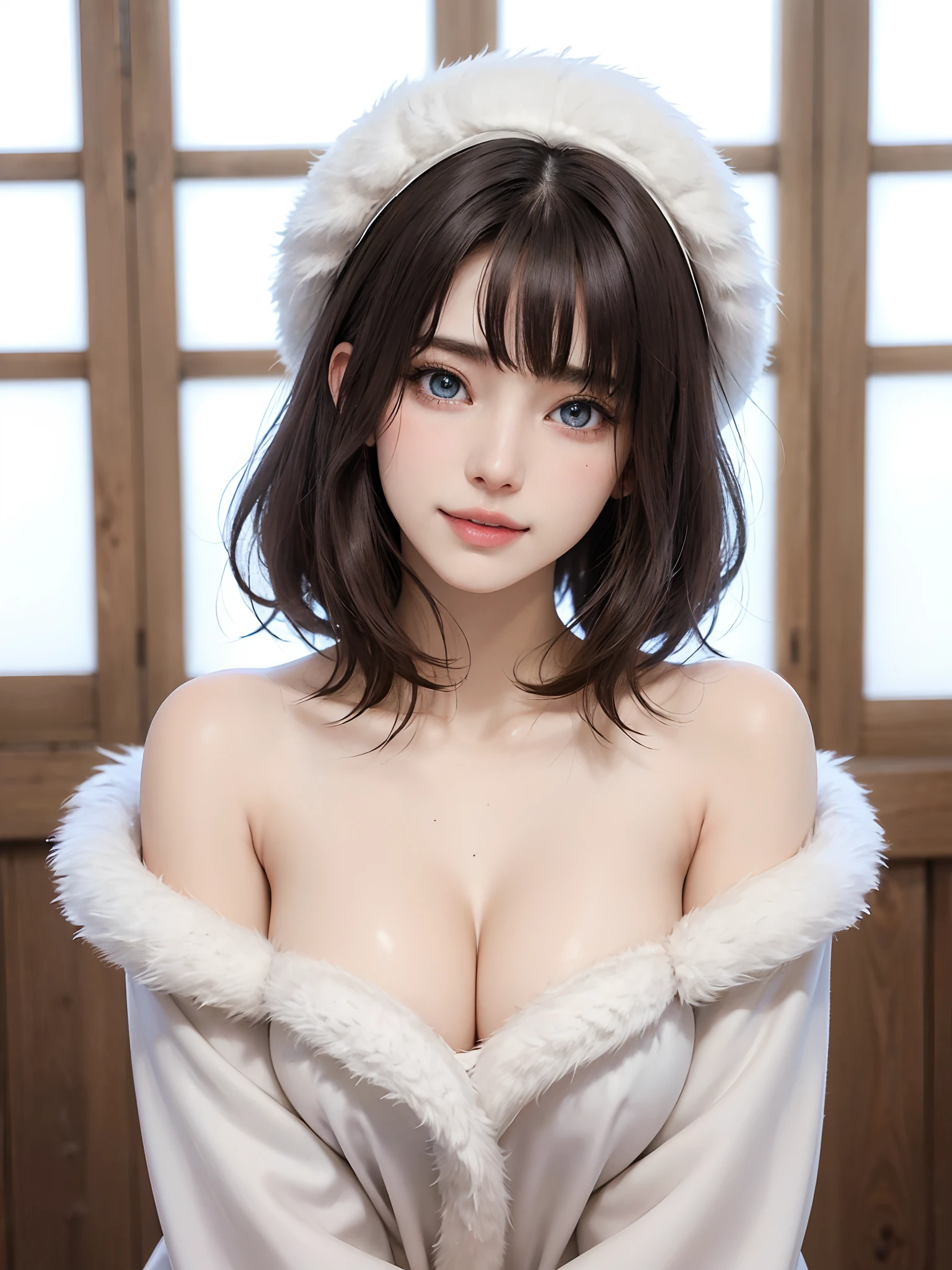 (Doesn't become nsfw、masutepiece、Top image quality、top-quality、1 person woman、A very beautiful adult woman with a very cute smile、Beautiful face with symmetry、Beautiful woman full of adult charm、Gradient Eyes、Intense crystal light blue eyes、Intense highlighting of the eyes、Slightly bigger eyes、Lashes、Double eyelids、lipgloss、Beautiful teeth、Beautiful teeth alignment、Put your ears out、Beautiful long neck、shorth hair、Lustrous hair、crossed bangs、asymmetric bangs、Head tilt、point at viewer、Look firmly at the camera、tilt your head slightly to the left)、Beautiful design winter clothes coat coordination、Winter coat、Winter clothes hat、Deities々Deep forest background:1.6、28 year old beautiful woman、Smaller face、Short beautiful hair that feels movement、{Gigantic|Big|Huge|Mega} breasts, cleavage、Very tall supermodel、Supermodel with very broad shoulders、