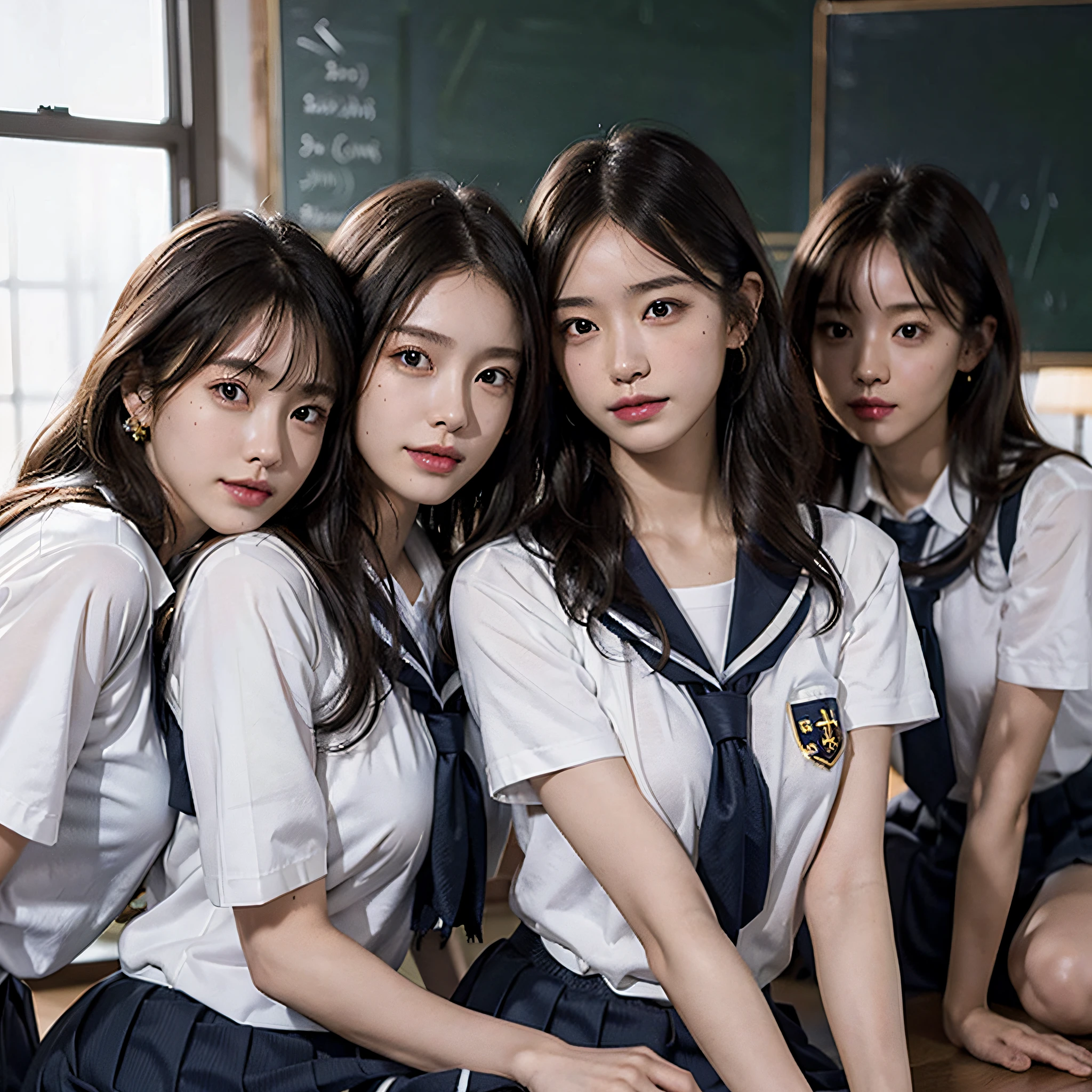 RAW photo, extremely delicate and beautiful, masterpiece, Best Quality, ultra high resolution, 16k, hyperrealistic, ultra-detailed, Very detailed CG 8k wallpaper, Beautiful Lighting, Perfect Lightning, Realistic Shadows, perfect anatomy, super Detailed skin, perfect figure, Japanese woman, in her 20s, very Slim body, narrow waist, very small head, handsome detailed woman, very detailed eyes and face, realistic face proportions, Stunning detailed eyes, Realistic beautiful face, very small face, Realistic small beautiful eyes, double eyelids, makeup, tearful mole, mole on chest, earring, bare legs, beautiful and very thin legs, beautiful and very thin thighs, (very huge round breasts:1.3), (full body shot:1.3), short hair, wavy hair, sweat, (3 girls:1.5), (school uniform:1.5),