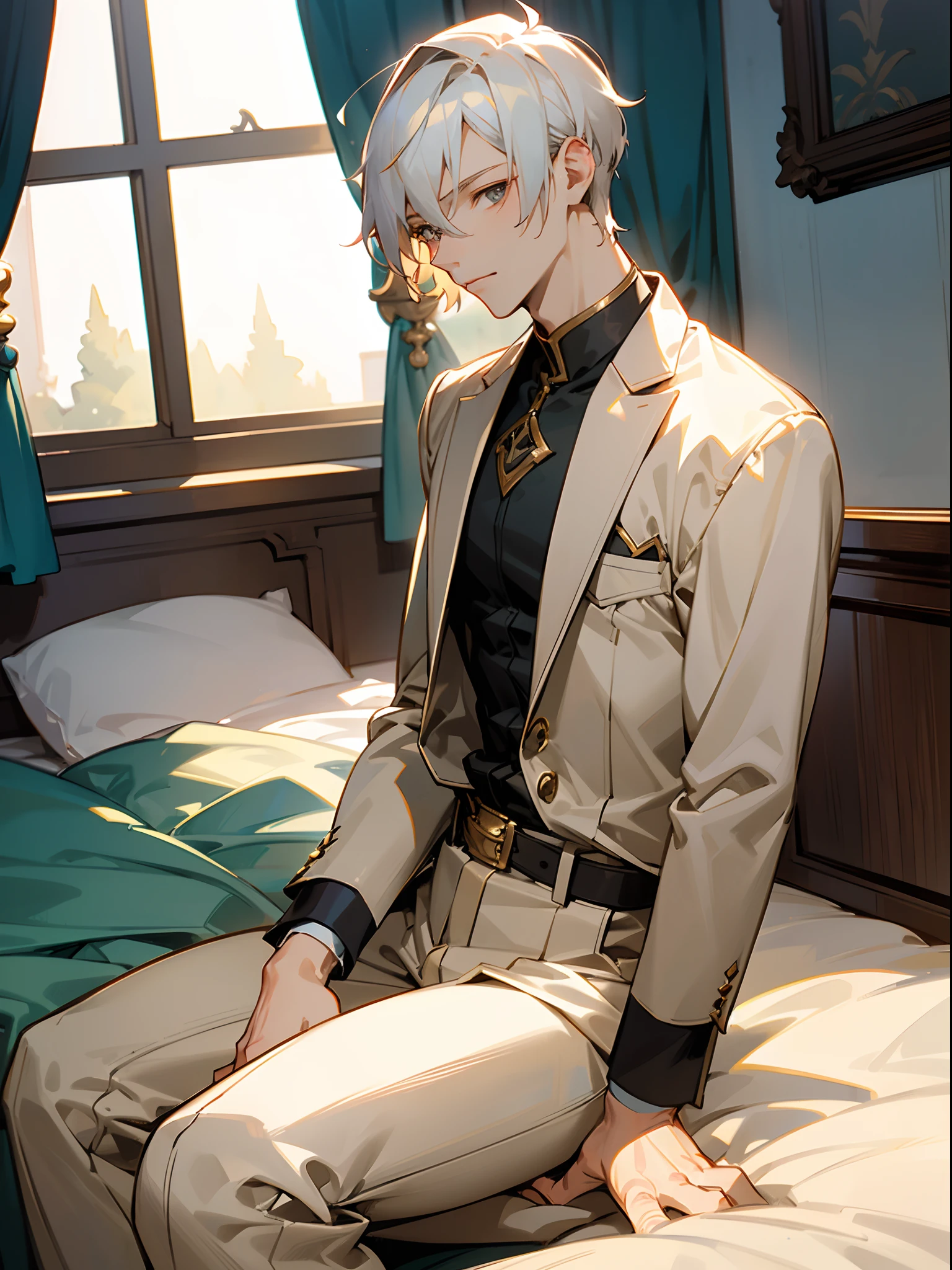 solo, (ashy greyish blonde hair,)(grey eyes), anime male, catboy, fluffy hair, couch, cuddly, in love, cute, collar