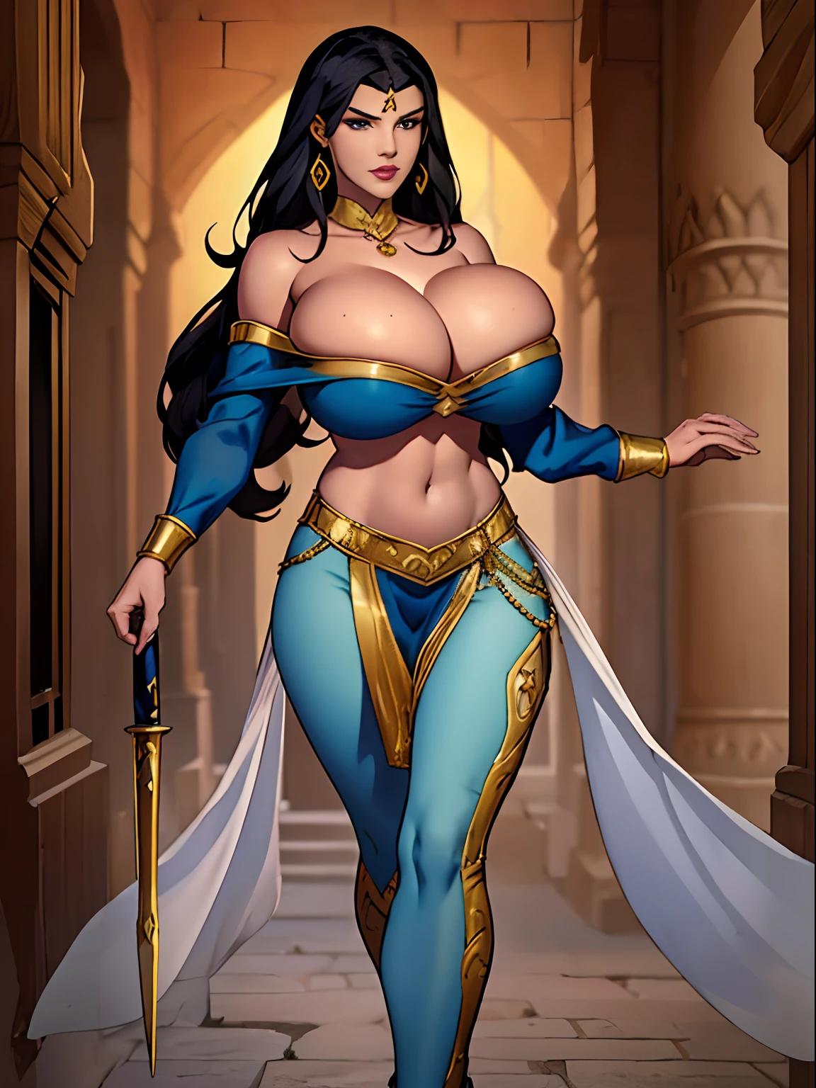 (masterpiece, top quality, best quality, official art, beautiful and aesthetic:1.2), (1girl:1.3), long wavy black hair, tanned skin, extremely detailed, portrait, looking at viewer, solo, (full body:0.6), detailed background, close up, mischievous eyes, (hot summer desert Arabia theme:1.1), Persian duelist woman, dark makeup, charlatan, smirk, mysterious, walking in desert, revealing blue and gold and sapphire Arabian harem girl attire, see through clothes, sheer fabric, poofy blue pants, strapless, off shoulder top, tight top, tight tube top, jewelry, armlets, elaborate necklaces, blue fabric, gold jewelry, precious stones, scimitar, curved sword, ((((gigantic breasts, cleavage, skindentation)))), slim waist, slim hips, long legs, ancient (Arabian palace exterior:1.1) background, dark mysterious lighting, shadows, magical atmosphere, dutch angle,