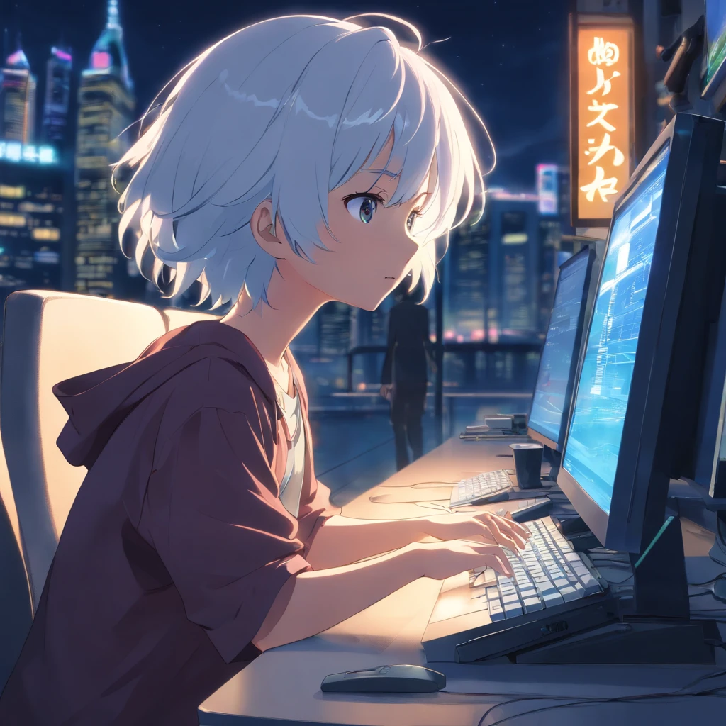 masterpiece, best quality, movie still, 1boy with white hair, playing in the computer, dark clohtes, game art, close-up, bright, at night