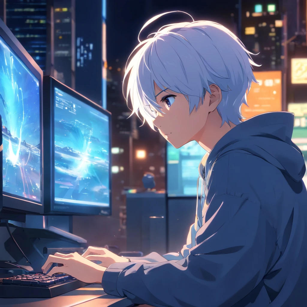 masterpiece, best quality, movie still, 1boy with white hair, playing in the computer, dark clohtes, game art, close-up, bright, at night