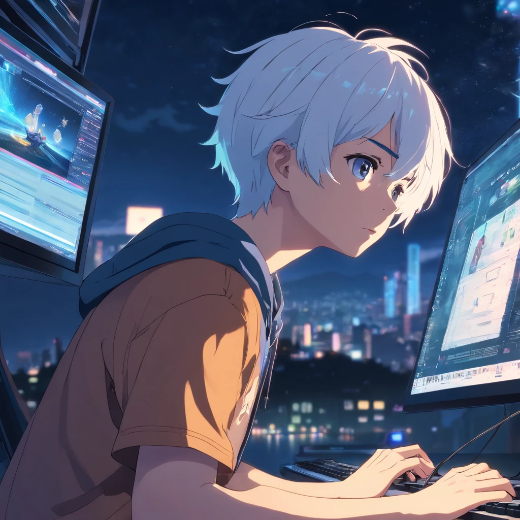 masterpiece, best quality, movie still, 1boy with white hair, playing in the computer, dark clohtes, game art, close-up, bright, at night