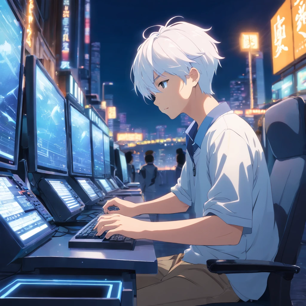 masterpiece, best quality, movie still, 1boy with white hair, playing in the computer, dark clohtes, game art, close-up, bright, at night