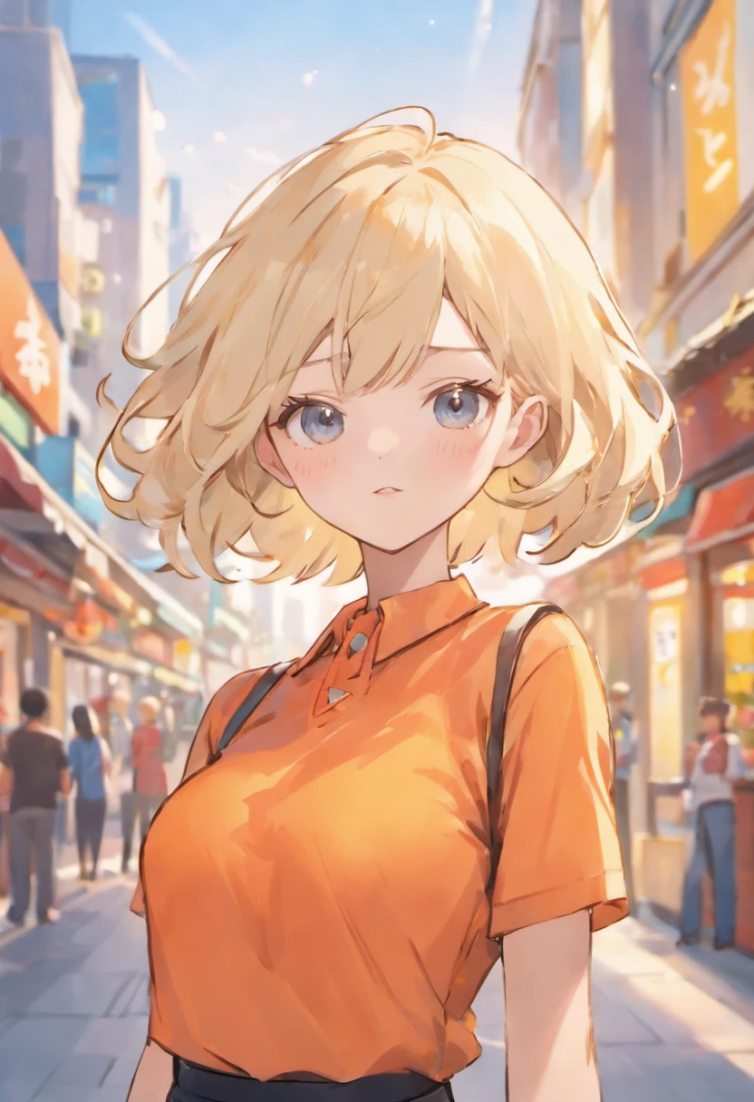 Curled bob cut, platinum hair woman in orange collared shirt posing to take photo in city, 8K artgerm Bokeh, well-proportioned body, beautiful korean woman, gorgeous necklace, beautiful young korean woman, soft portrait shot 8 K, korean girl, double and narrow eyes, beautiful gray eyes, Los Tran 8 K, Cute young woman, Korean woman, beautiful blonde girl