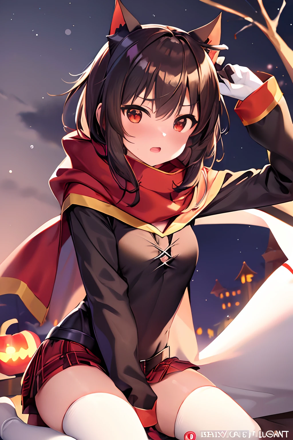megumin, winter clothes, cat ears, white hoodie, short hair with long side locks, brown hair, red eyes, red scarf, white cape, gloves, black bodysuit,
1girl, best quality, extremely detailed face, perfect lighting, solo, (((jack-o' challenge))), flexible, spread legs, top-down bottom-up, blush, embarrassed, black panties, looking at viewer,