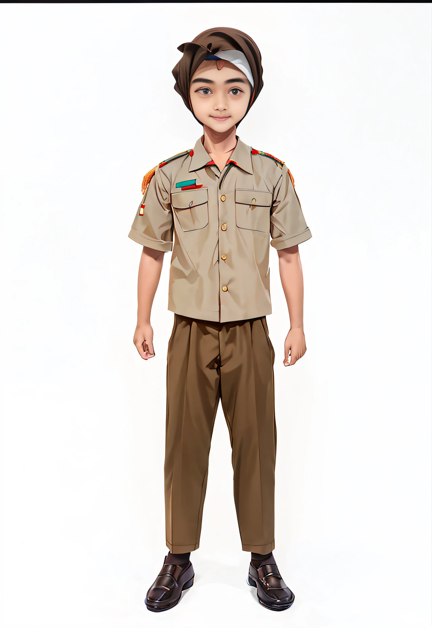 ((white empty background)), a boy, seragam premuka, indonesia pramuka, pramuka, tan skin, curly hair, soft smile, head band, cream color shirt, brown pants, pockets, hasduk, black socks, black shoes,