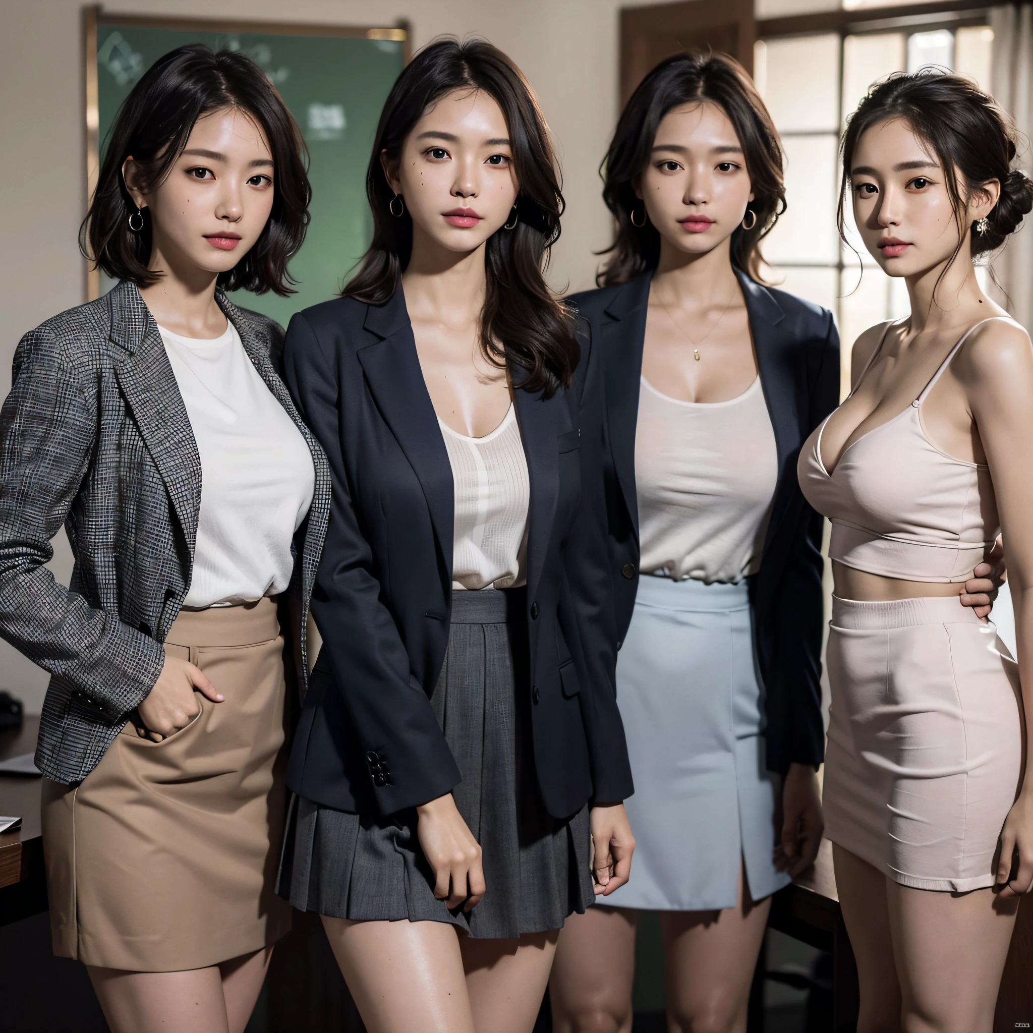 absurdres, RAW photo, extremely delicate and beautiful, masterpiece, Best Quality, ultra high resolution, 16k, hyperrealistic, ultra-detailed, Very detailed CG 8k wallpaper, Beautiful Lighting, Perfect Lightning, Realistic Shadows, perfect anatomy, super Detailed skin, perfect figure, Japanese woman, late 20s, very Slim body, narrow waist, very small head, handsome detailed woman, very detailed eyes and face, realistic face proportions, Stunning detailed eyes, Realistic beautiful face, very small face, Realistic small beautiful eyes, double eyelids, makeup, tearful mole, mole on chest, earring, bare legs, beautiful and very thin legs, beautiful and very thin thighs, gakki, (very huge round breasts:1.3), short hair, wavy hair, sweat, (3 girls:1.5), (office lady suit:1.3), (skirt suit), (suit jacket),