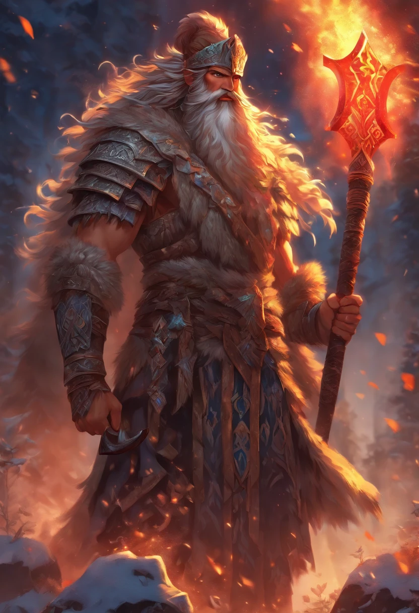 (((Slavic God))) best quality, ultra-high resolution, 4K detailed CG, master piece,Perun, man,long hair and beard,Axe,Slavic armor,Slavic Mythology,((Holding ax in hands)), Slavic, aesthetic, canvas-centered painting style