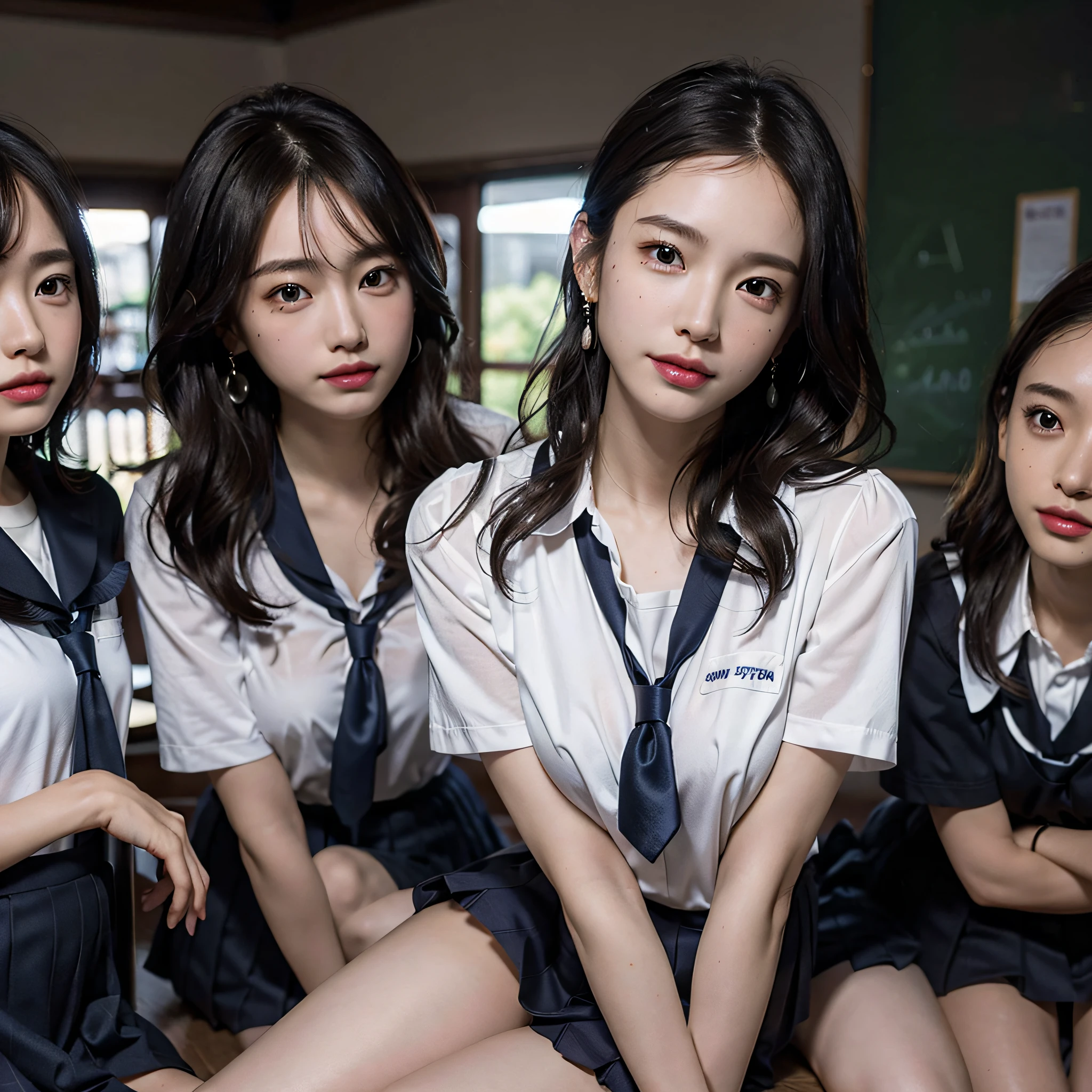 RAW photo, extremely delicate and beautiful, masterpiece, Best Quality, ultra high resolution, 16k, hyperrealistic, ultra-detailed, Very detailed CG 8k wallpaper, Beautiful Lighting, Perfect Lightning, Realistic Shadows, perfect anatomy, super Detailed skin, perfect figure, Japanese woman, in her 20s, very Slim body, narrow waist, very small head, handsome detailed woman, very detailed eyes and face, realistic face proportions, Stunning detailed eyes, Realistic beautiful face, very small face, Realistic small beautiful eyes, double eyelids, makeup, tearful mole, mole on chest, earring, bare legs, beautiful and very thin legs, beautiful and very thin thighs, (very huge round breasts:1.3), (full body shot:1.3), short hair, wavy hair, sweat, (3 girls:1.5), (school uniform:1.3),