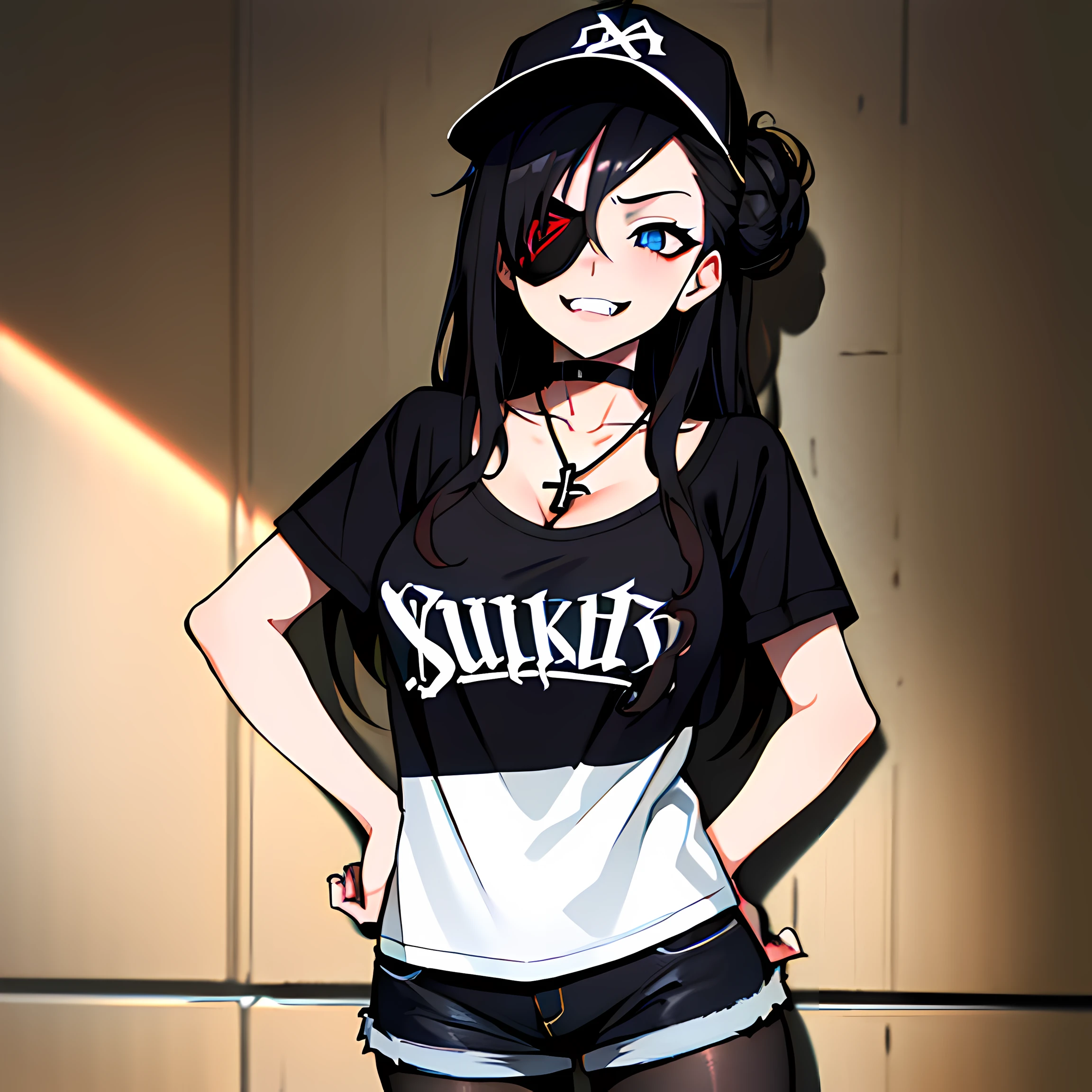 (absurdres, 8k, 4k, masterpiece, hyper extreme detailed:1.2), best quality, expressive eyes, highres, perfect eyes, 1girl, perfect face, perfect hands, Long Hair, Black hair, braided buns, buns in hair, large bust, crazy face, crazy eyes, crazy smile, eyepatch, gothic, cross necklace, black shirt, streetwear, pantyhose, baseball cap, curious, half body, street clothing, graphic t-shirt, standing, leaning against wall, gothic, pale skin, no background, absurdquality, shocked, concerned, confused, head tilt, cowboy_shot, shorts, cleavage, short shirt, fang tooth, black eyepatch, smile, black pantyhose,
