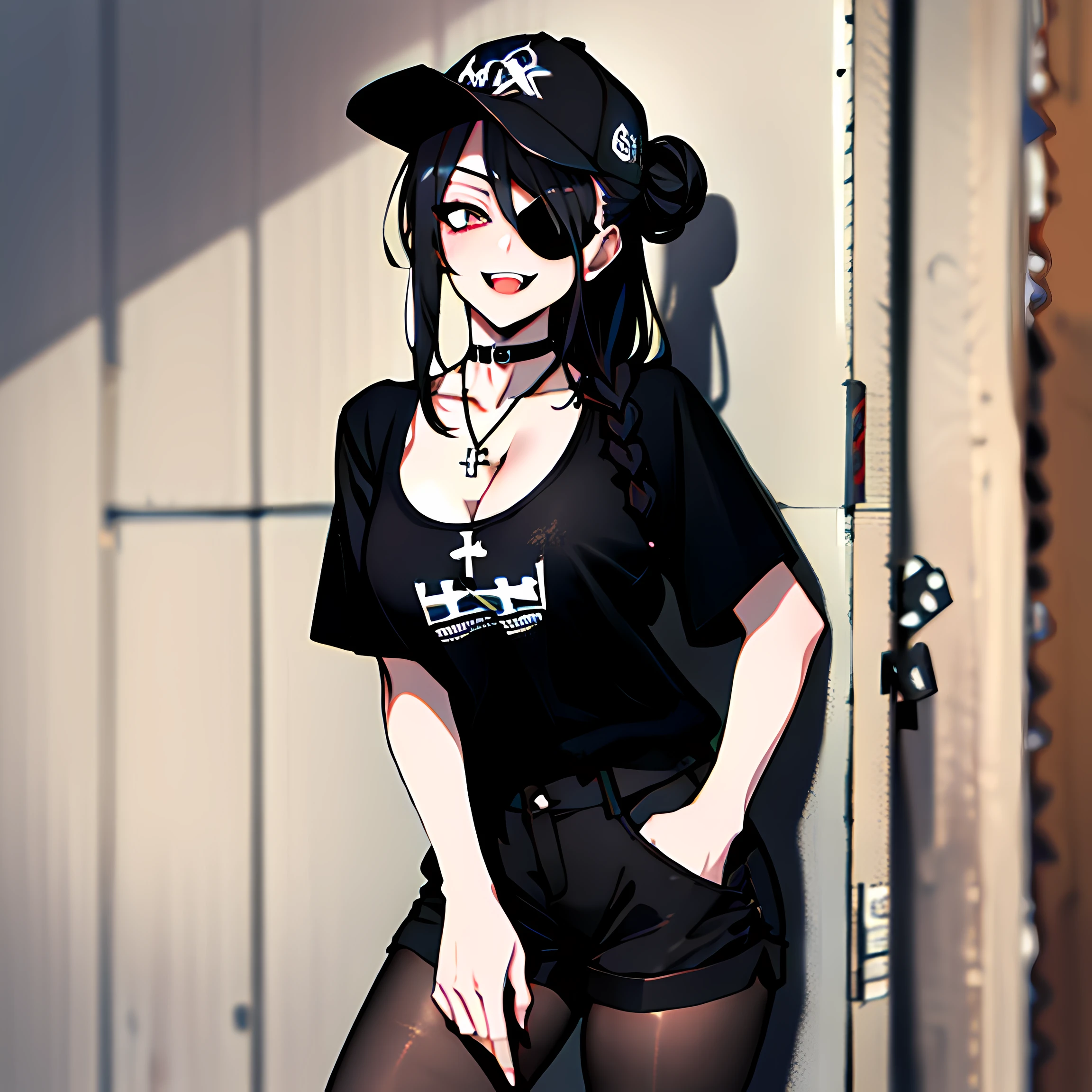 (absurdres, 8k, 4k, masterpiece, hyper extreme detailed:1.2), best quality, expressive eyes, highres, perfect eyes, 1girl, perfect face, perfect hands, Long Hair, Black hair, braided buns, buns in hair, large bust, crazy face, crazy eyes, crazy smile, eyepatch, gothic, cross necklace, black shirt, streetwear, pantyhose, baseball cap, curious, half body, street clothing, graphic t-shirt, standing, leaning against wall, gothic, pale skin, no background, absurdquality, shocked, concerned, confused, head tilt, cowboy_shot, shorts, cleavage, short shirt, fang tooth, black eyepatch, smile, black pantyhose,