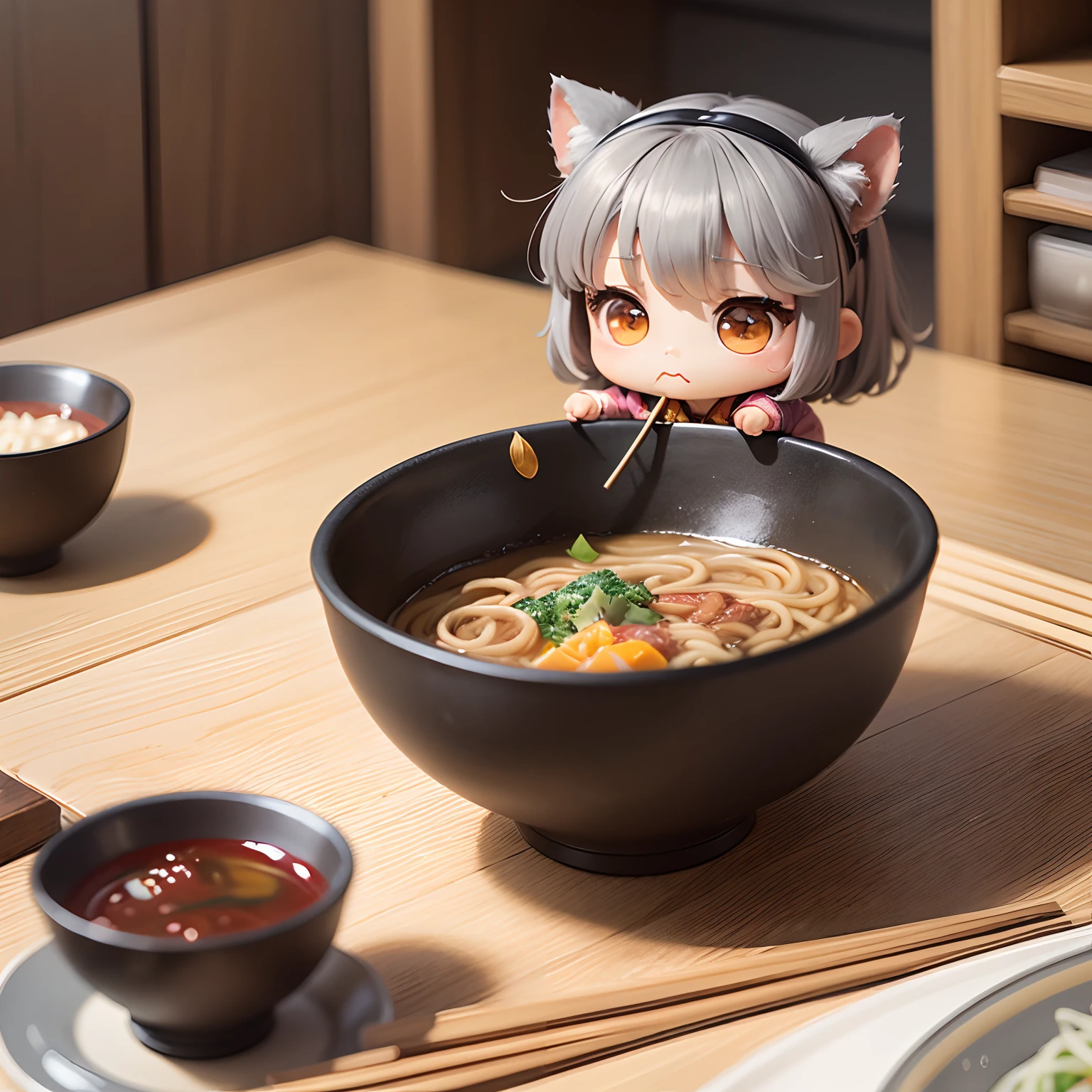 masterpiece、top-quality、ultra-detailliert、(Chibi Chara's Daughter:1.2)、独奏、crown、Have a Japanese-style vessel、chopsticks、Eating soba noodles(Straight thin gray noodles:1.2)