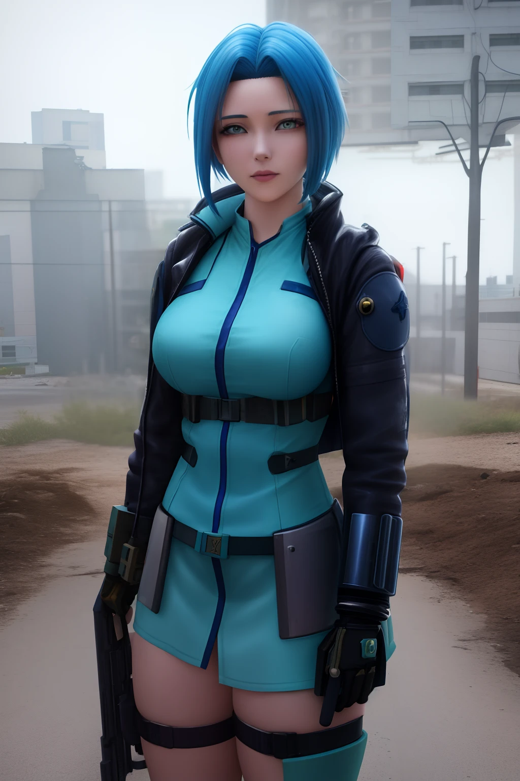 anime girl with blue hair and a gun in a ruined city, mechanized soldier girl, glamorous jill valentine, cyberpunk anime girl, inspired by Leng Mei, female cyberpunk anime girl, deviantart artstation cgscosiety, anime styled 3d, digital cyberpunk anime art, soldier girl, infantry girl, badass anime 8 k, dystopian sci-fi character, 2 d cg