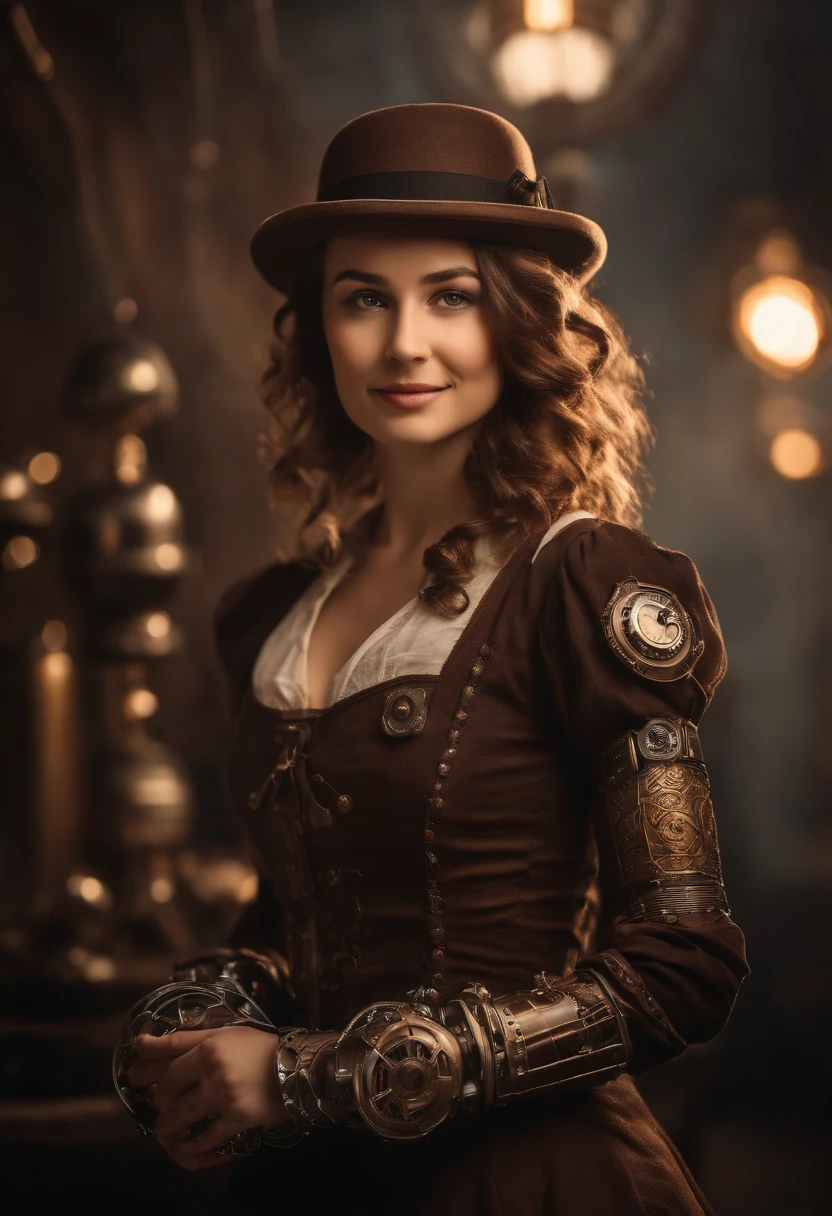 Smiling 1girl with bionic arms in steampunk fashion, captured in ultra high resolution with photorealistic and beautiful lighting. This masterpiece is of the best quality and is set against a zentangle abstract background (weighted at 1.4).