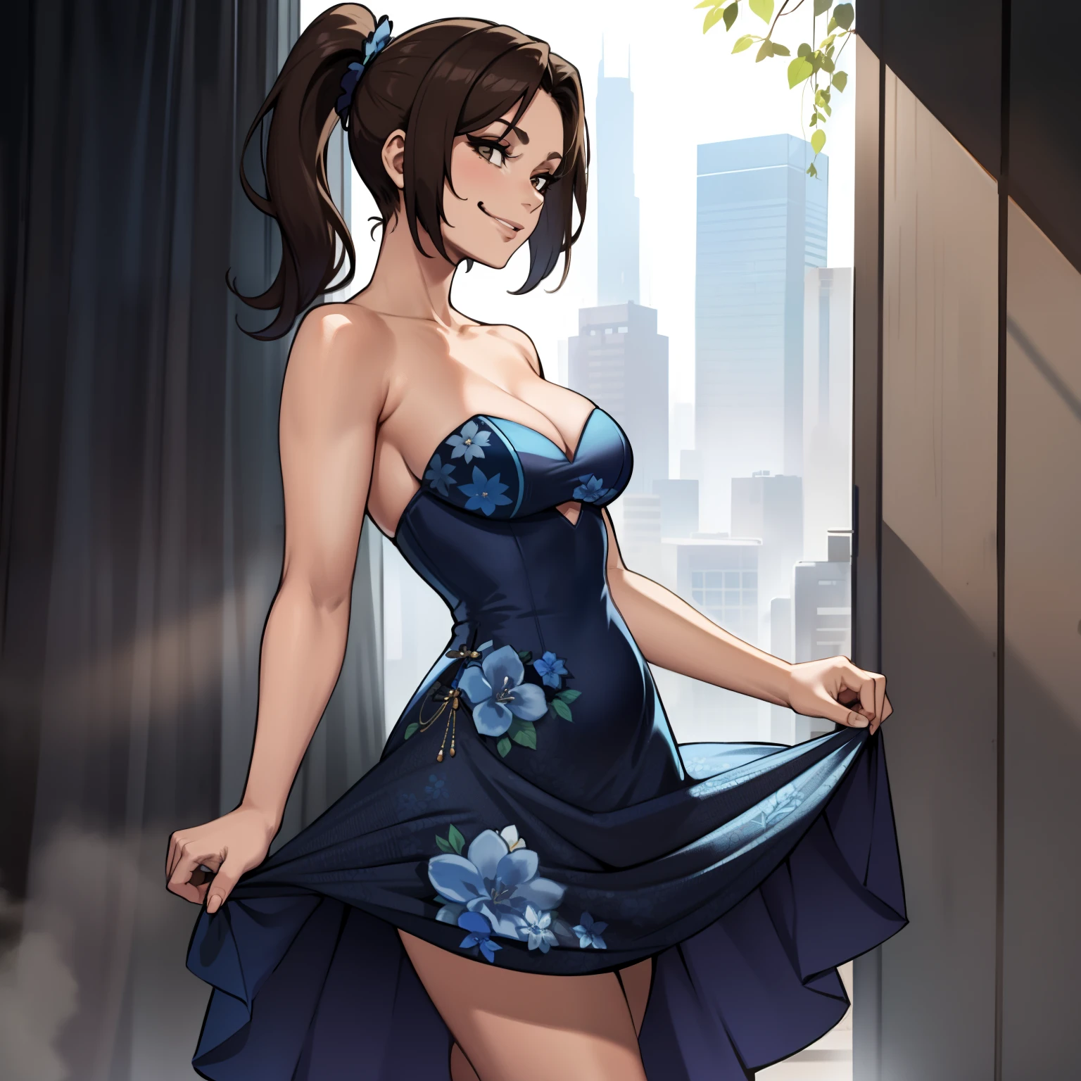one female with short ponytail brown haircut, long form fitting blue floral strapless dress, alone, solo, (ALONE)(SOLO), showing cleavage, facing forward, looking at me, looking forward, smirk, showing full legs
