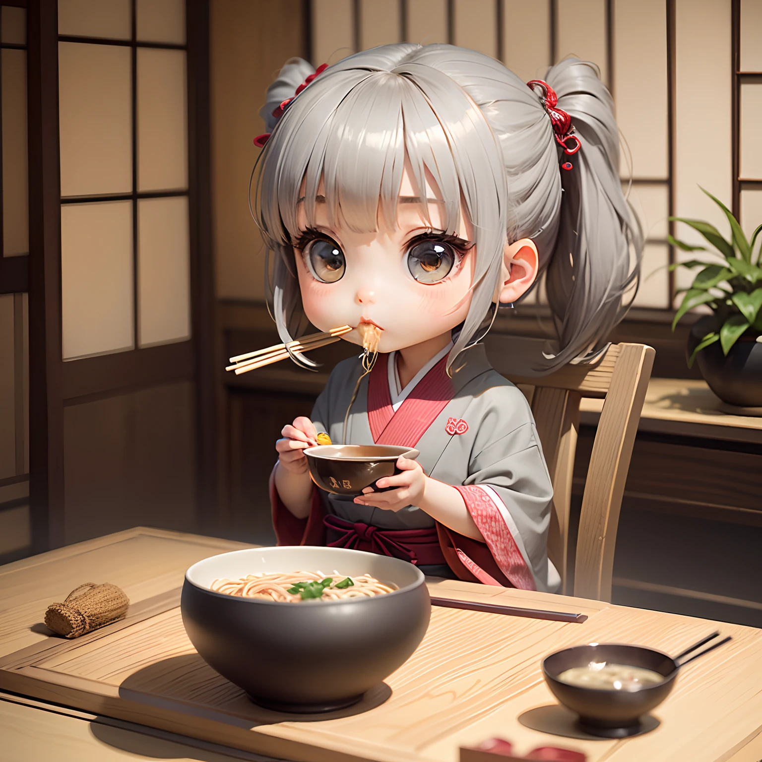 ​masterpiece、top-quality、ultra-detailliert、(Chibi Chara's Daughter:1.2)、独奏、((Eating soba noodles(Gray thin noodles:1.2)These come in a Japanese-style vessel))、holding chopsticks、