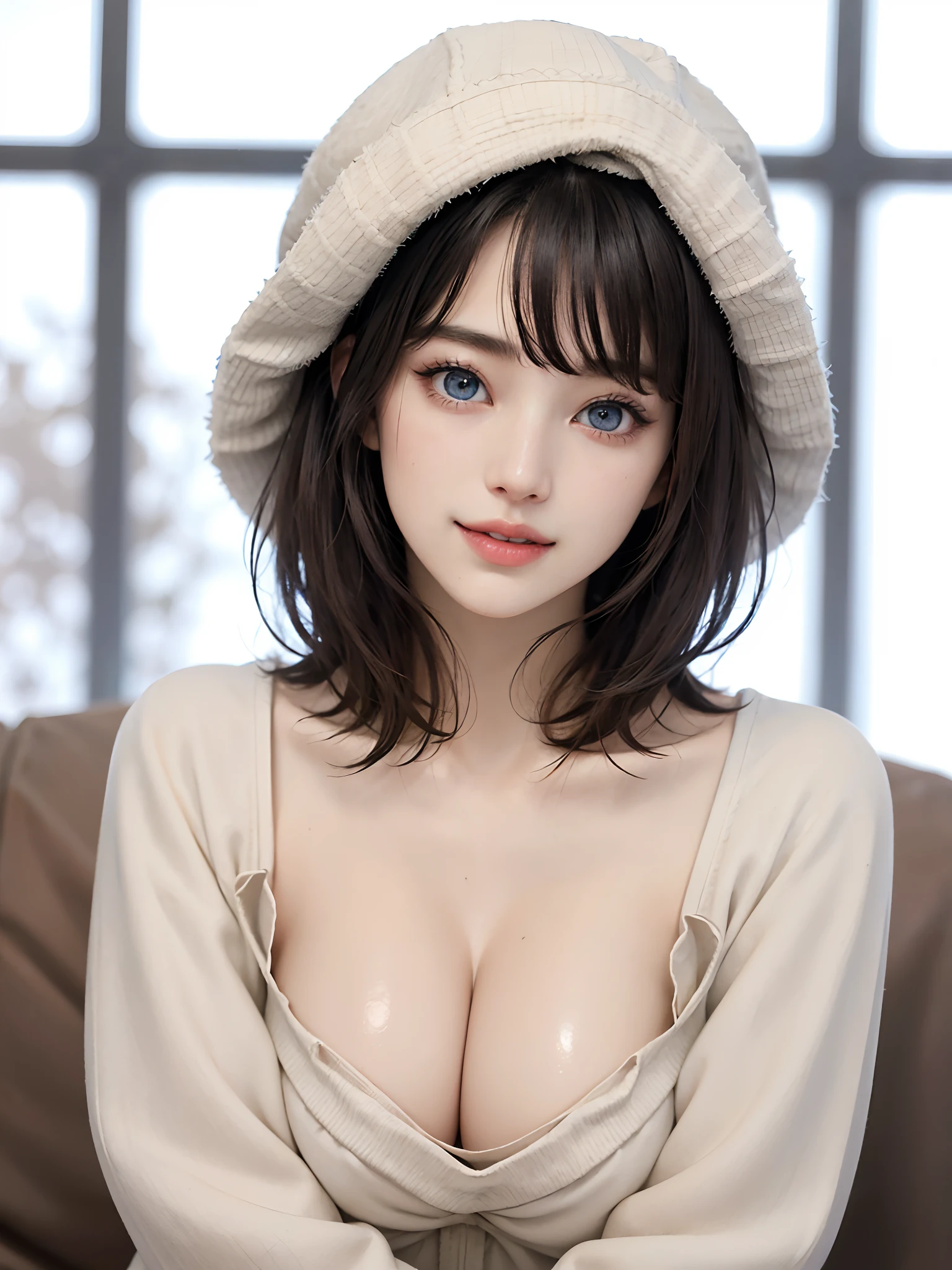 (Doesn't become nsfw、masutepiece、Top image quality、top-quality、1 person woman、A very beautiful adult woman with a very cute smile、Symmetrical beautiful face、Beautiful woman full of adult charm、Gradient Eyes、Intense crystal light blue eyes、Intense highlighting of the eyes、Slightly bigger eyes、Lashes、Double eyelids、lipgloss、Beautiful teeth、Beautiful teeth alignment、Put your ears out、Beautiful long neck、shorth hair、Lustrous hair、crossed bangs、asymmetric bangs、Head tilt、point at viewer、Look firmly at the camera、tilt your head slightly to the left)、Beautiful design winter clothes coat coordination、Winter coat、Winter clothes hat、Deities々Deep forest background:1.6、28 year old beautiful woman、Smaller face、Short beautiful hair that feels movement、{Gigantic|Big|Huge|Mega} breasts, cleavage、Very tall supermodel、Supermodel with very broad shoulders、