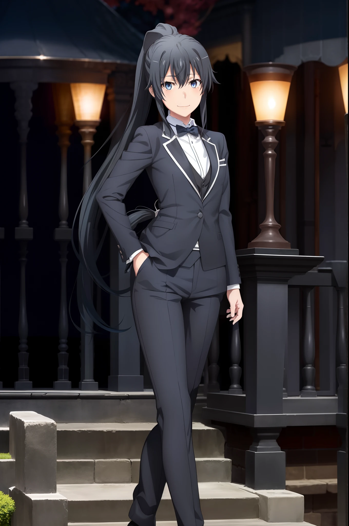 1girl, yukinoshita yukino, Beautiful garden for a background , tailored tailcoat, standing one hand in her pocket, white pants, collared shirt, tuxedo , blue necktie, blue eyes, ponytail black hair, smiling, wallpaper, female butler, best quality, beautiful figur body, badass butler