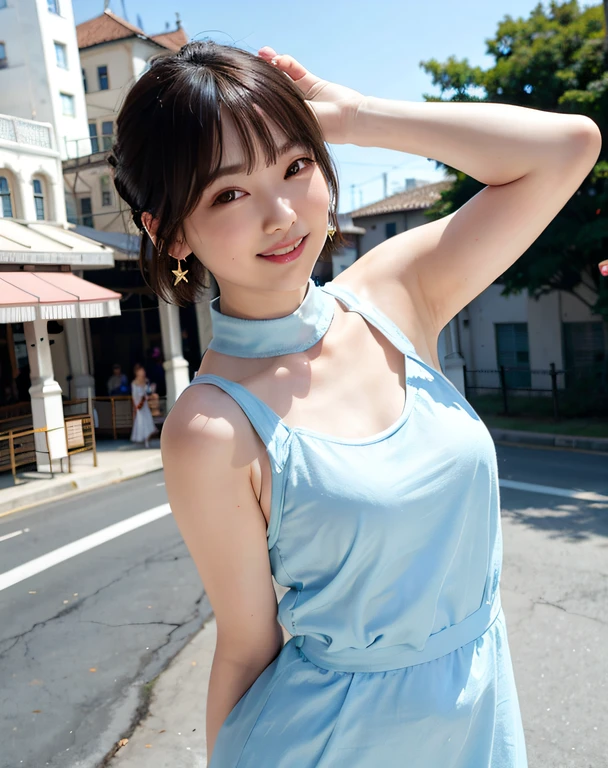 a woman posing on the street corner with light blue dress on, best quality, 1girl, large breasts, day, bright, blur background, bokeh, outdoor, (street:0.8), (people, crowds:1), (lace-trimmed dress:1.5, sleeveless dress, light blue clothes, light blue high-neck dress:1.2, blue dress: 1.5), gorgeous, (short hair, forehead:1.2), beautiful detailed sky, earrings, (dynamic pose:1.2), (upper body:0.8), soft lighting, wind, shiny skin, smile,