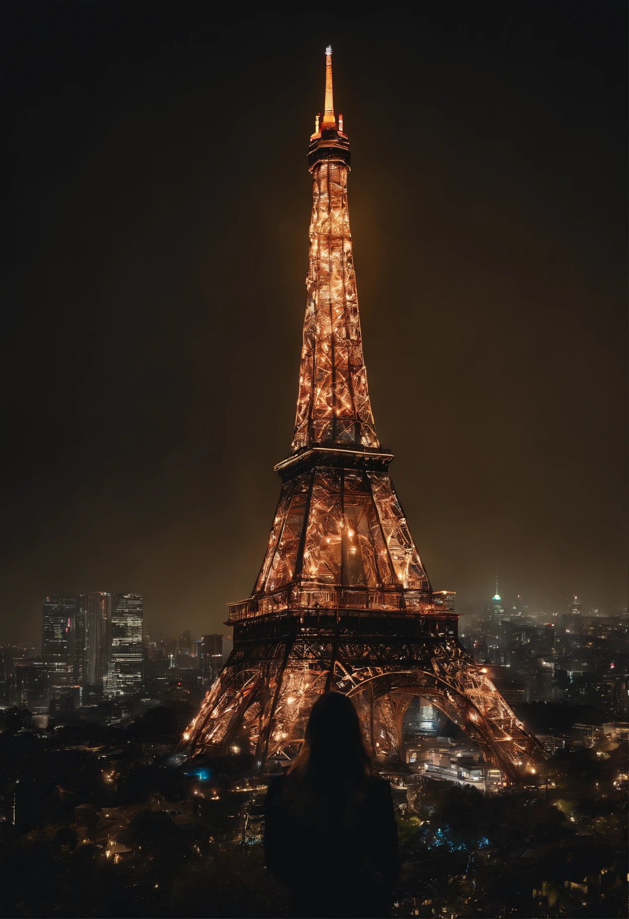 (​masterpiece,Masterpis、4k,8k wallpaper、)Woman looking at the night view of Tokyo Tower、It's a fantastic neon、Cinematic lighting、wide angle shooting