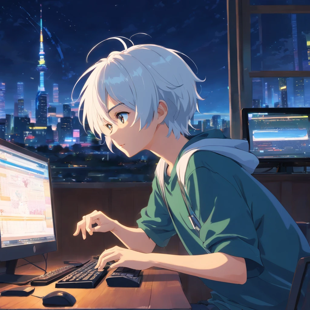 masterpiece, best quality, movie still, 1boy with white hair, playing in the computer, dark clohtes, game art, close-up, bright, at night