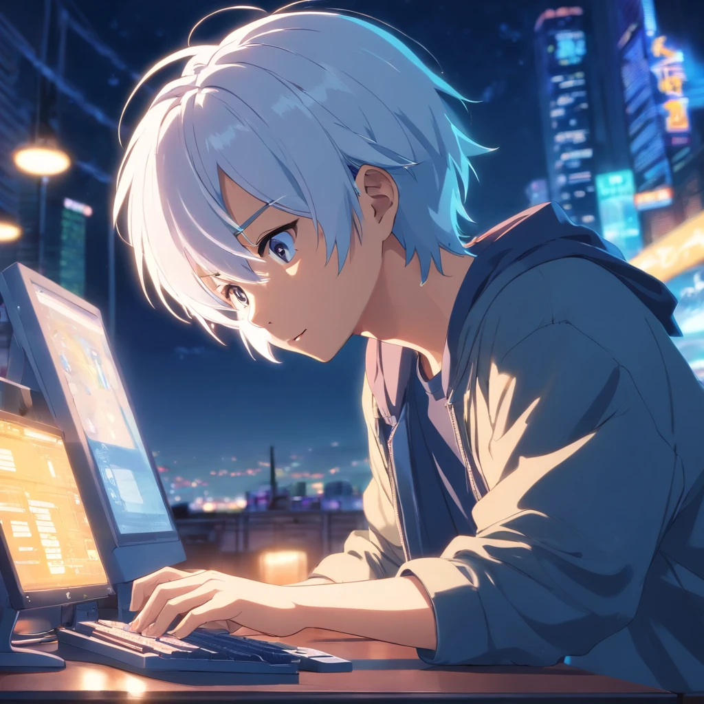 masterpiece, best quality, movie still, 1boy with white hair, playing in the computer, dark clohtes, game art, close-up, bright, at night